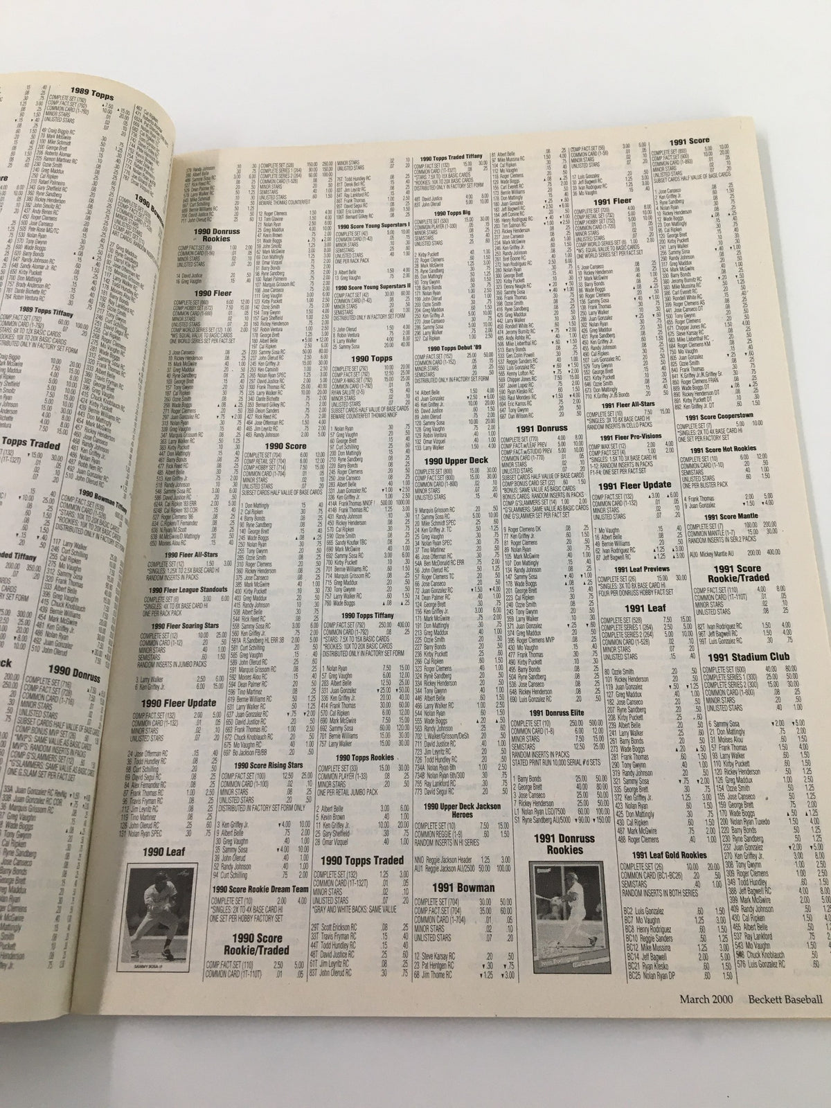 Shawn Green Beckett Baseball #180 March 2000 magazine listing of baseball card values for various players.
