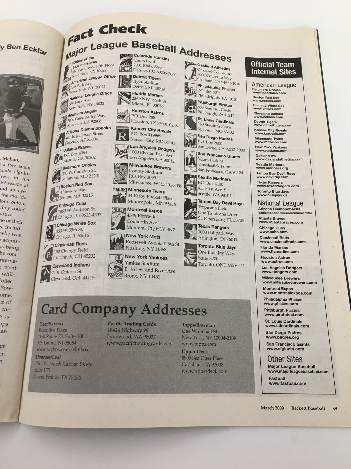 Shawn Green Beckett Baseball #180 March 2000 magazine fact-check section with baseball addresses and card company addresses.