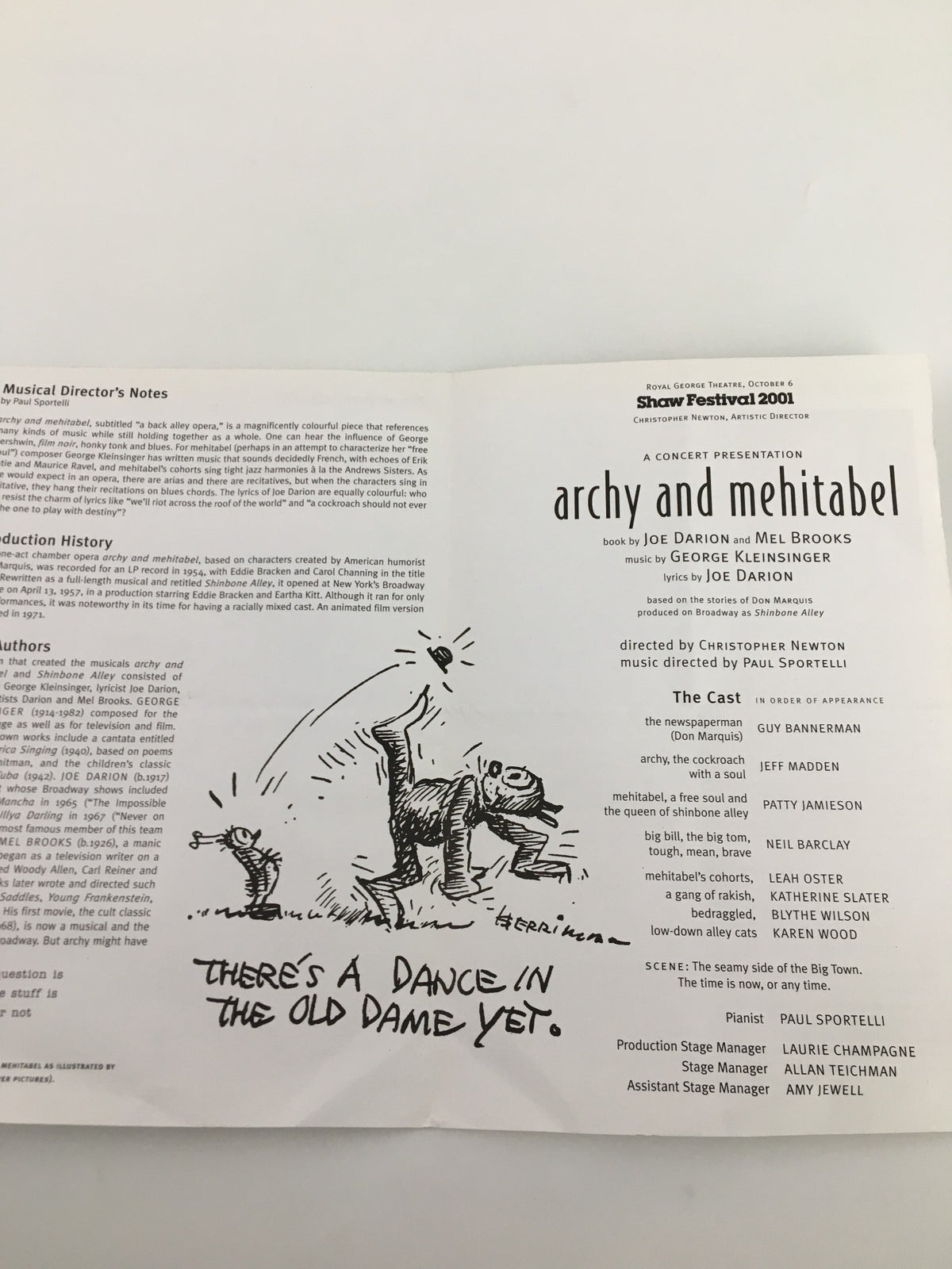2001 Shaw Festival program cover featuring Archy and Mehitabel, showcasing a sketch of a cockroach dancing with a humorous caption. Designed for theater enthusiasts.