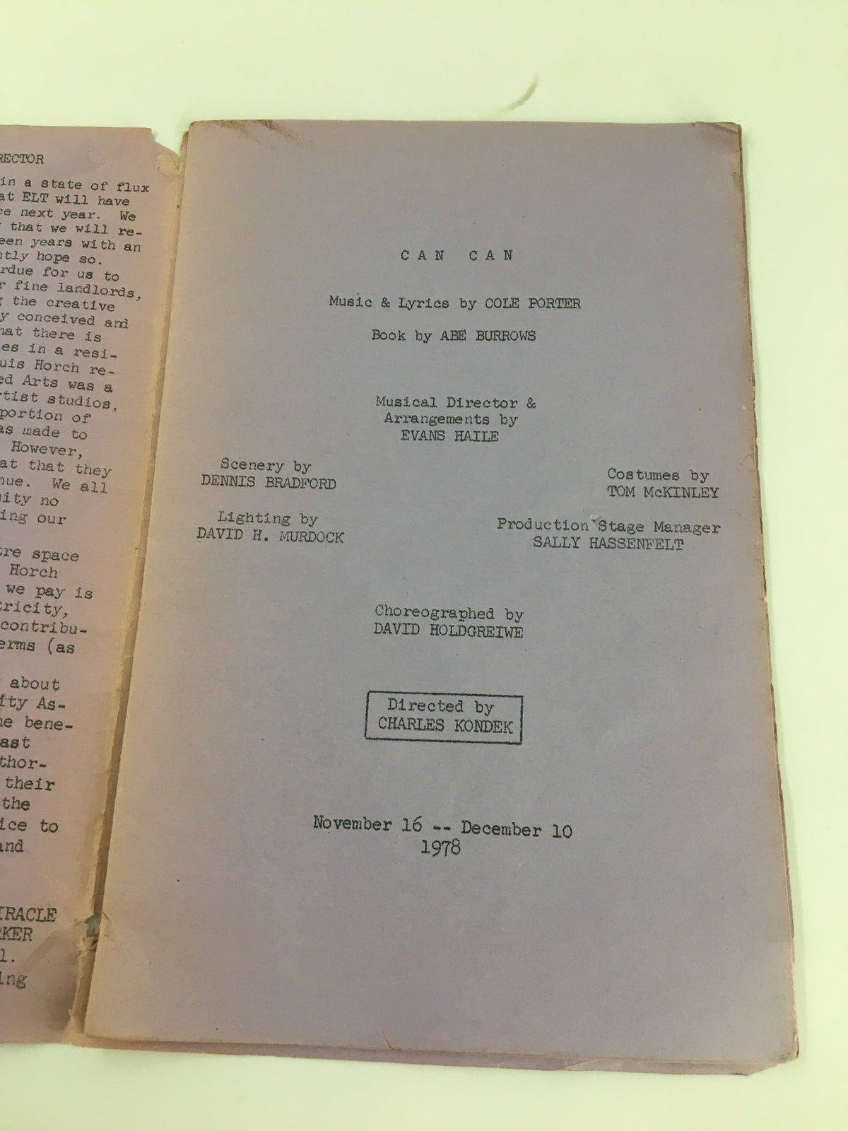 Inside page of the 1978 Performing Arts Repertory Theatre Can Can program with details on the production team, directed by Charles Kondek.