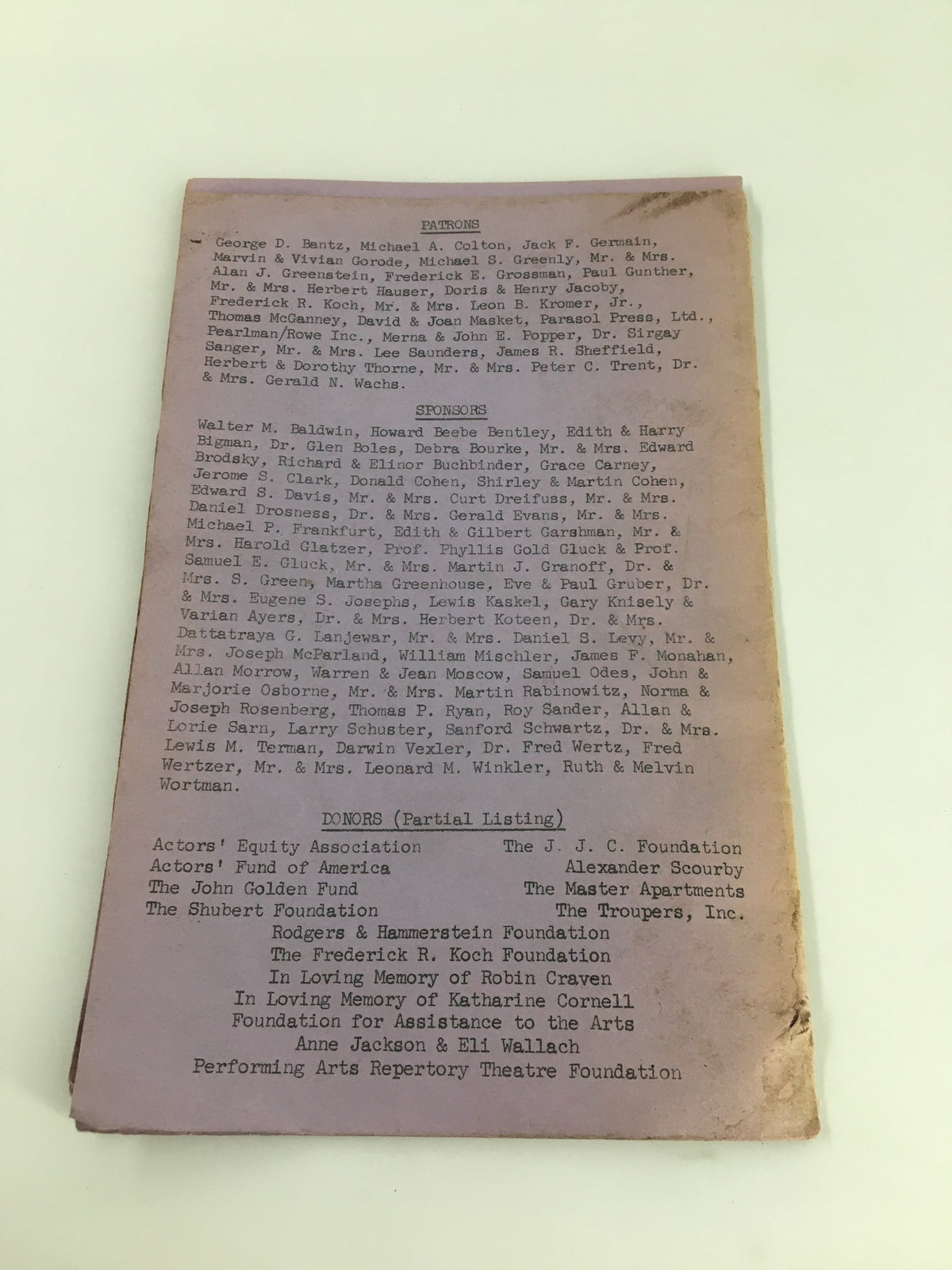 Back page of the 1978 Performing Arts Repertory Theatre Can Can program featuring acknowledgments and sponsors of the production.
