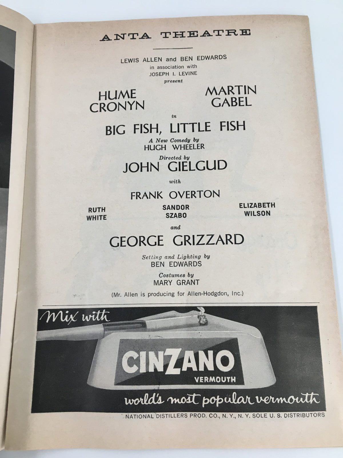 Detailed cast list page from the 1961 Playbill at Anta Theatre for Big Fish, Little Fish, featuring names like Hume Cronyn and Martin Gabel.