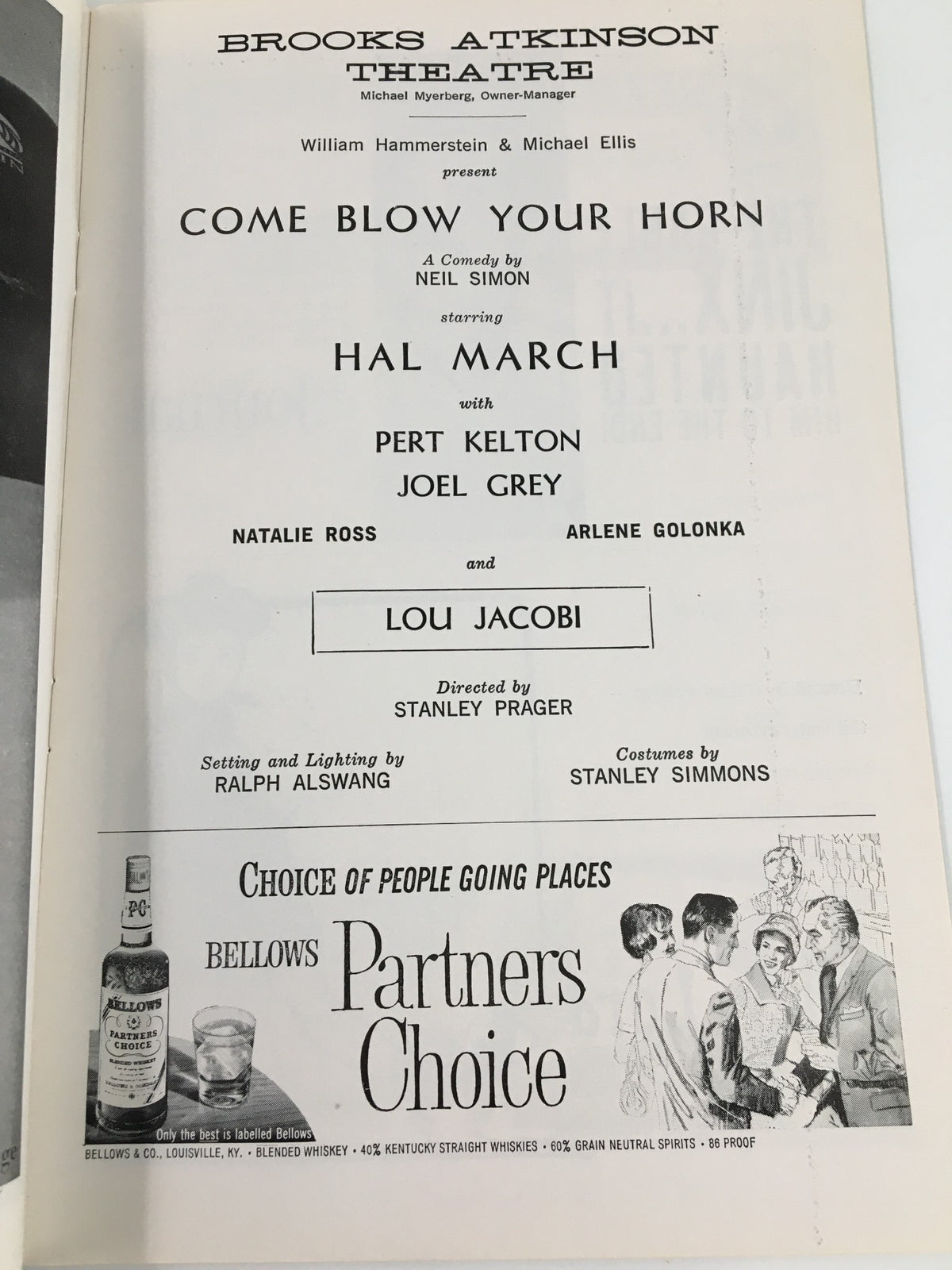 1961 Playbill for Come Blow Your Horn at Brooks Atkinson Theatre featuring Hal March, Joel Grey, and other cast members, highlighting details of the production and its nostalgic significance in Broadway history.