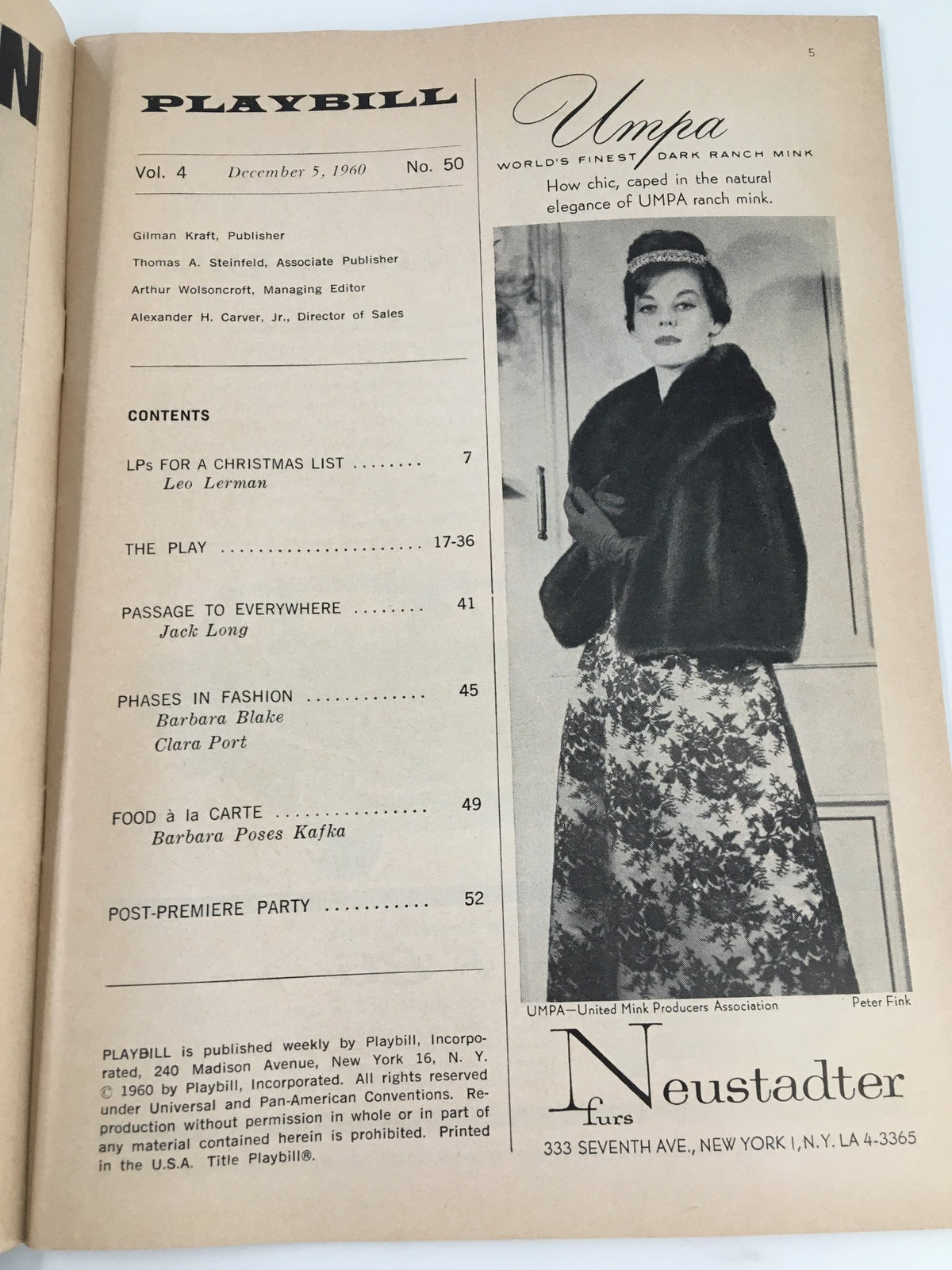1960 Playbill The Playhouse featuring Umpa advertisement, showcasing vintage theater memorabilia.