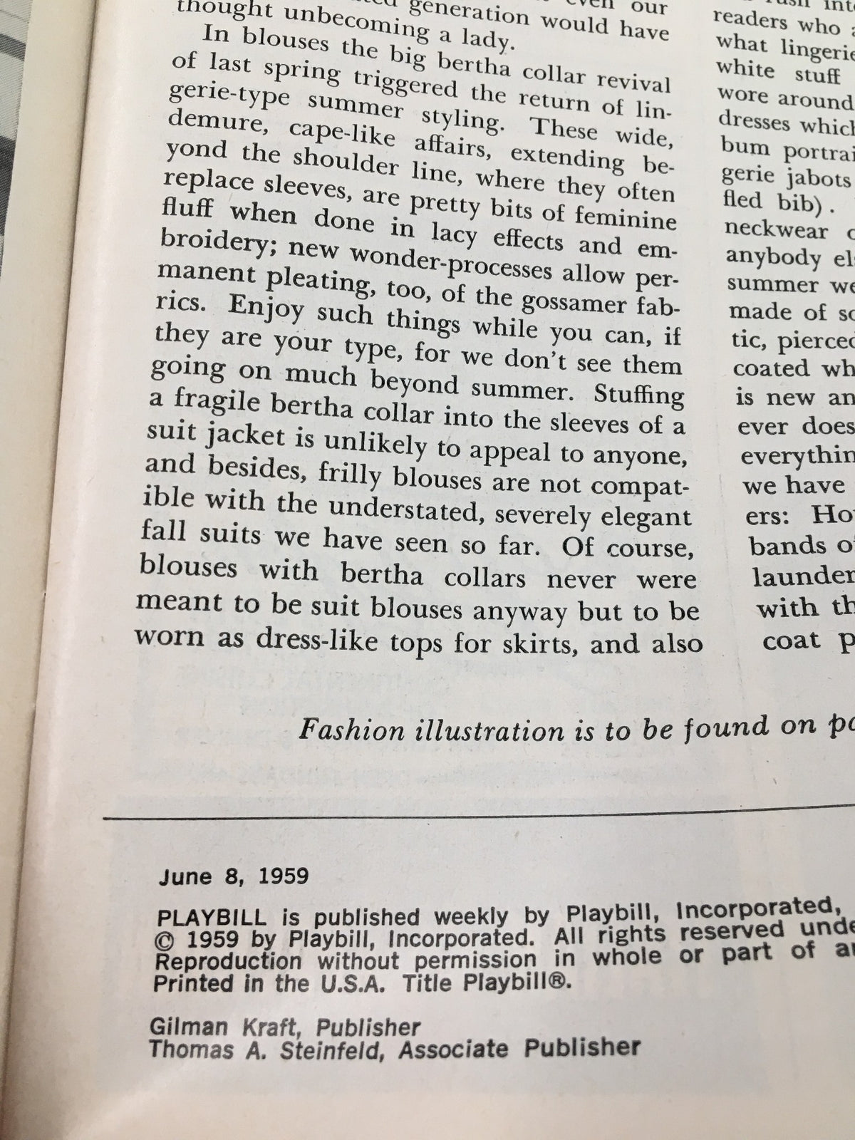 Interior page of the 1959 Playbill for 'A Touch of The Poet' featuring a fashion illustration and details about the publication of the Playbill.