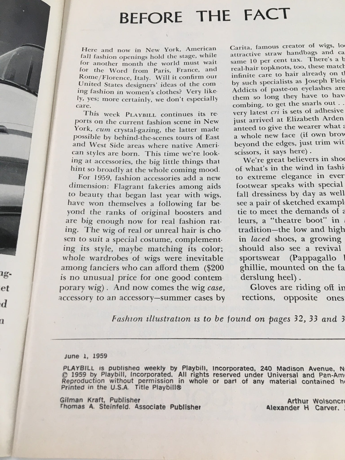 Interior page of the 1959 Playbill for Two for the Seesaw, discussing fashion highlights and theatrical design in New York's scene.
