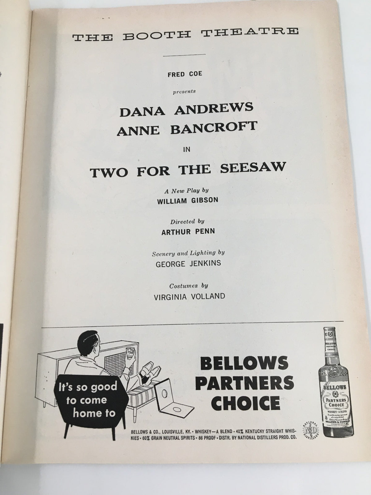 Back cover of the 1959 Playbill for The Booth Theatre presenting Dana Andrews and Anne Bancroft in Two for the Seesaw, showcasing production credits and promotional content.
