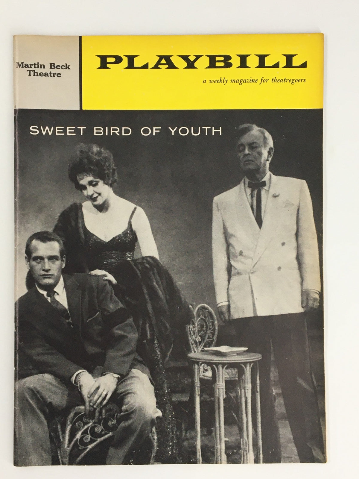 1959 Playbill featuring Paul Newman in Sweet Bird of Youth at the Martin Beck Theatre, showcasing a black and white image of the cast including Newman and two other actors.