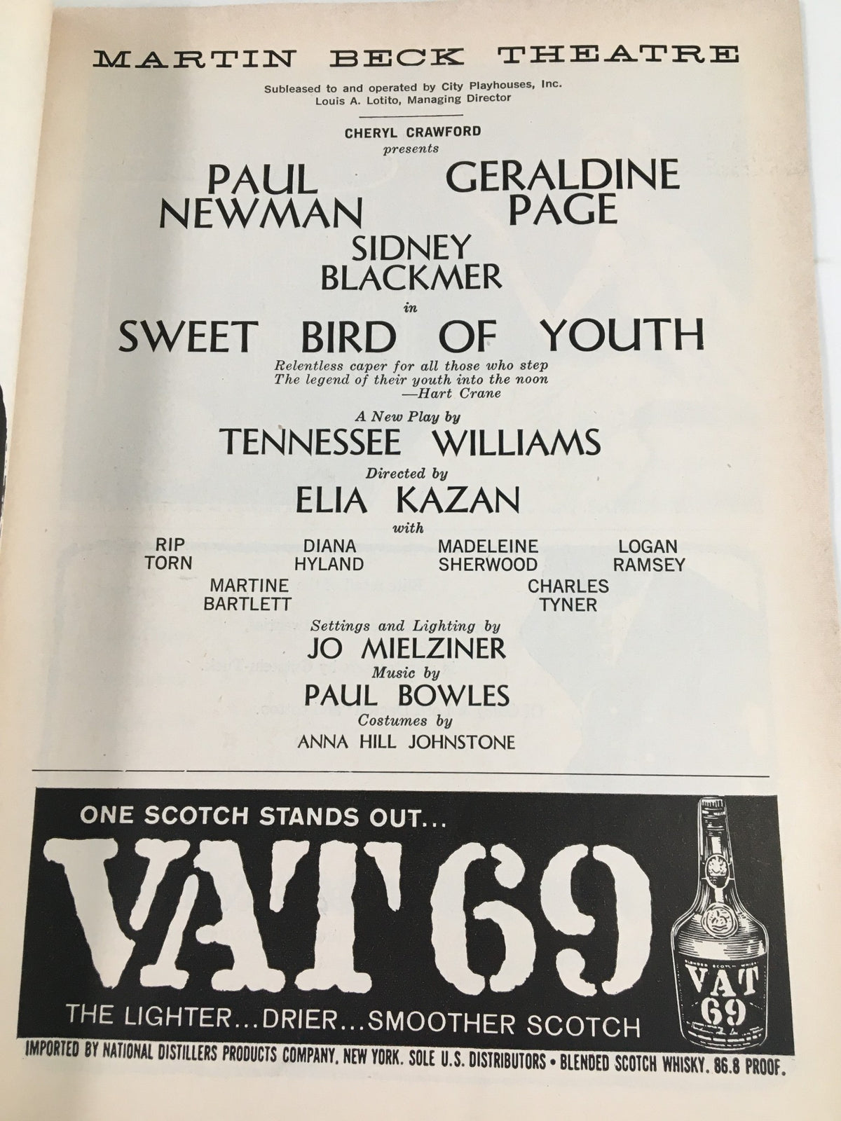 The cover page of the 1959 Playbill from the Martin Beck Theatre, presenting details of the cast and crew for Sweet Bird of Youth, including Paul Newman.