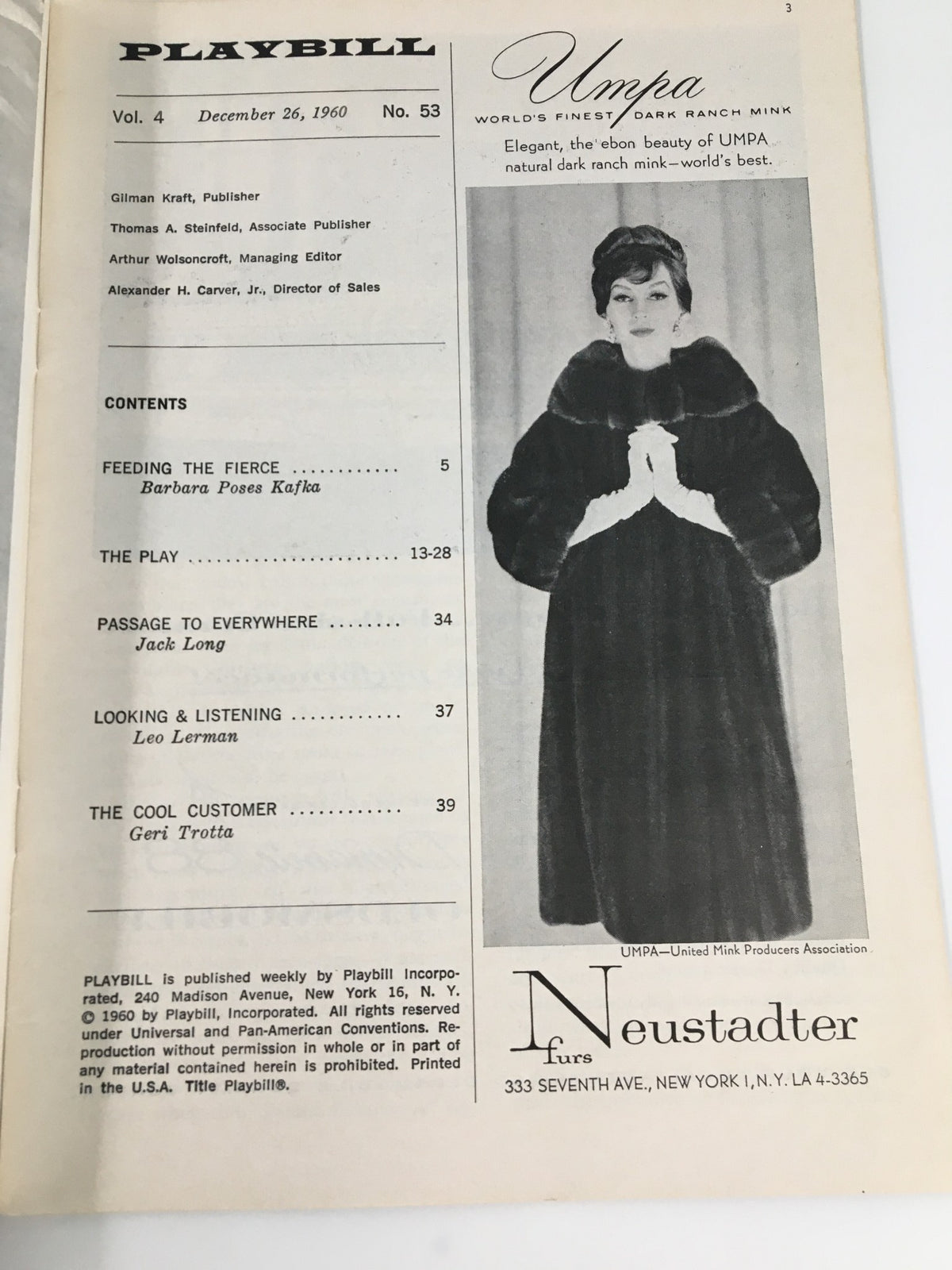 Inside page of the 1960 playbill titled 'Under The Yum-Yum Tree' from Henry Miller's Theatre, showcasing the play's details, including cast members and production credits.