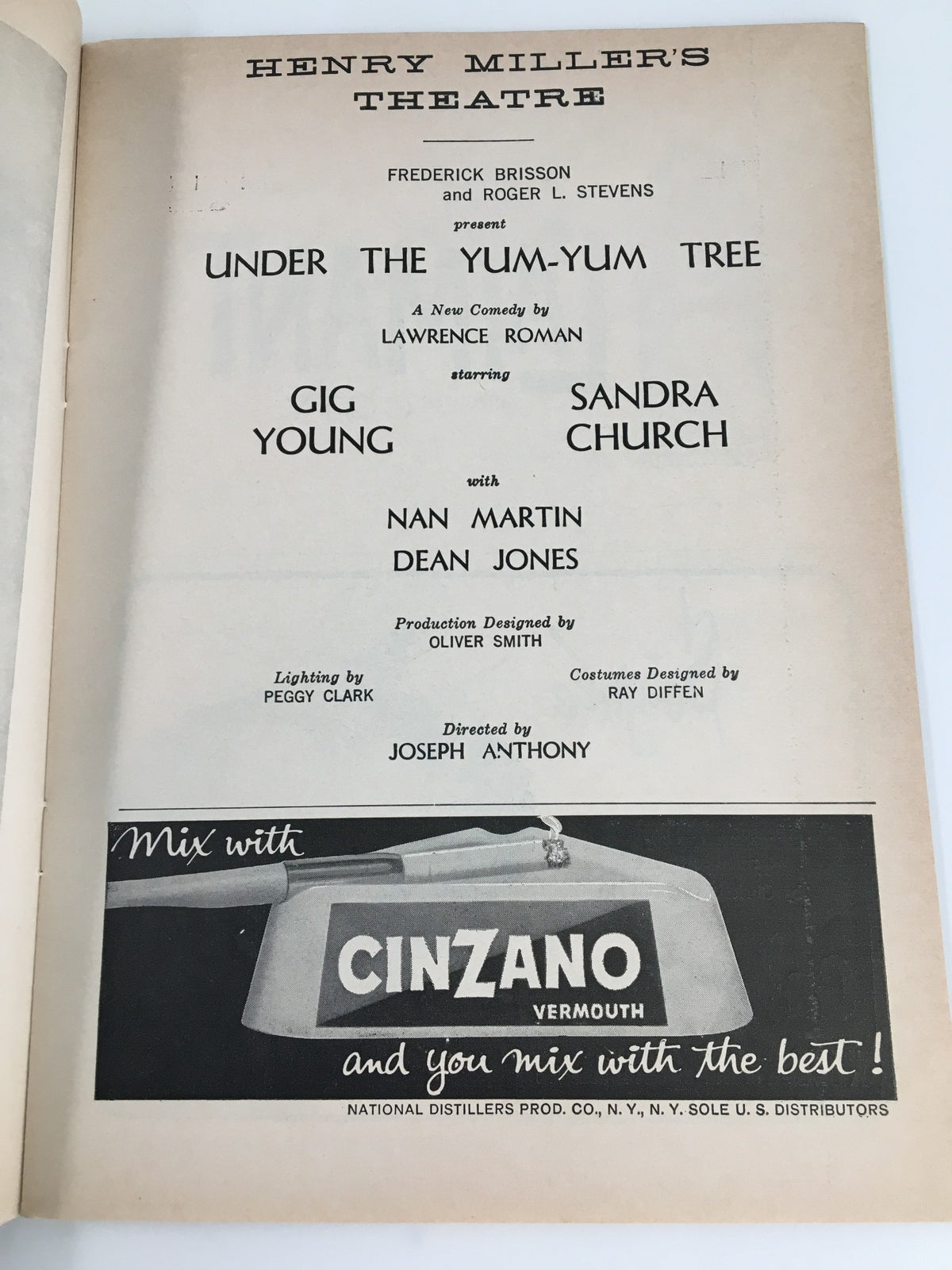 Second page of the 1960 playbill for 'Under The Yum-Yum Tree' at Henry Miller's Theatre, featuring the title, production credits, and the mention of actor Gig Young.