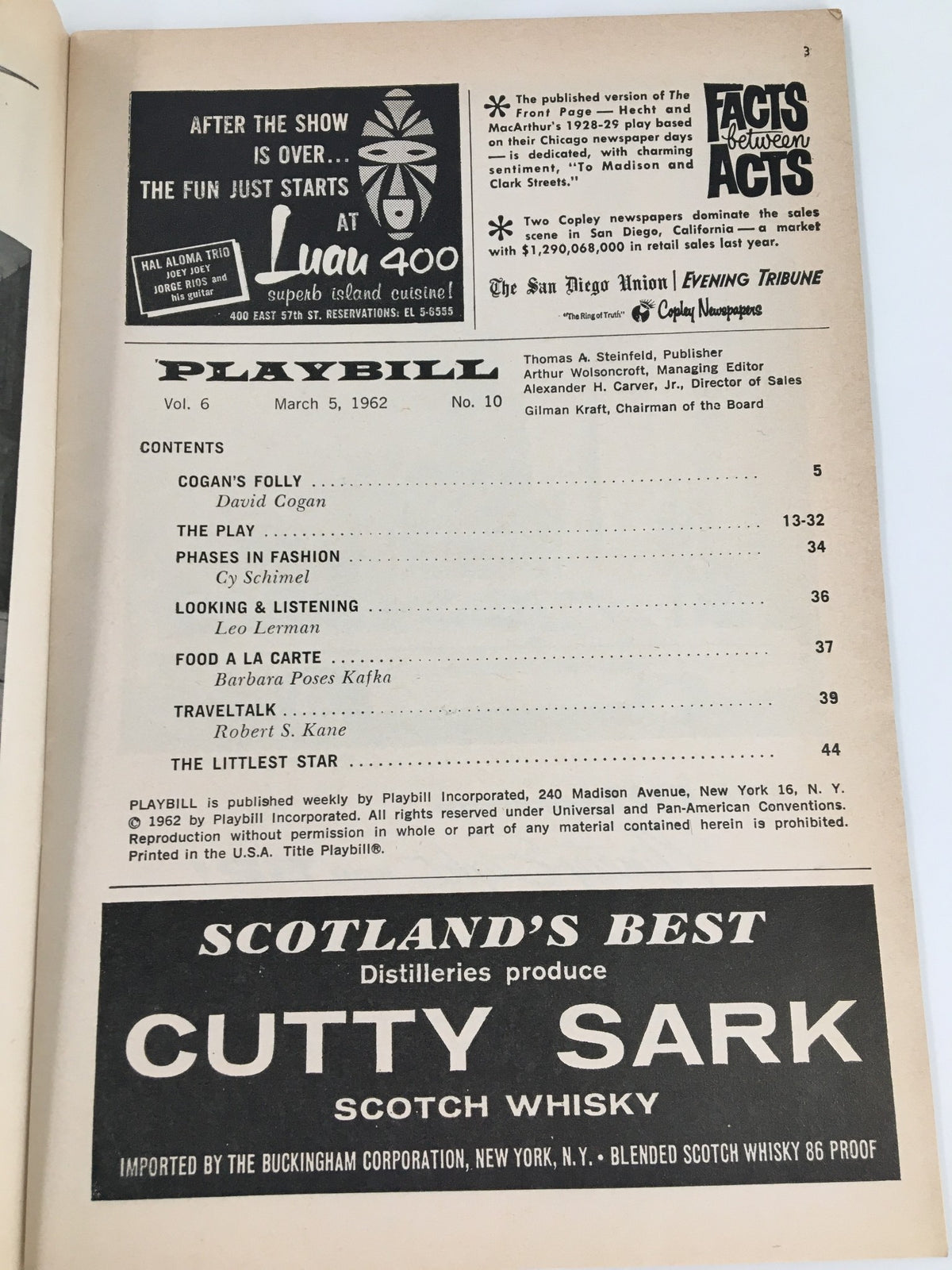 Inside page of the 1962 Playbill from New York City Center, detailing the contents and advertisements for upcoming shows.