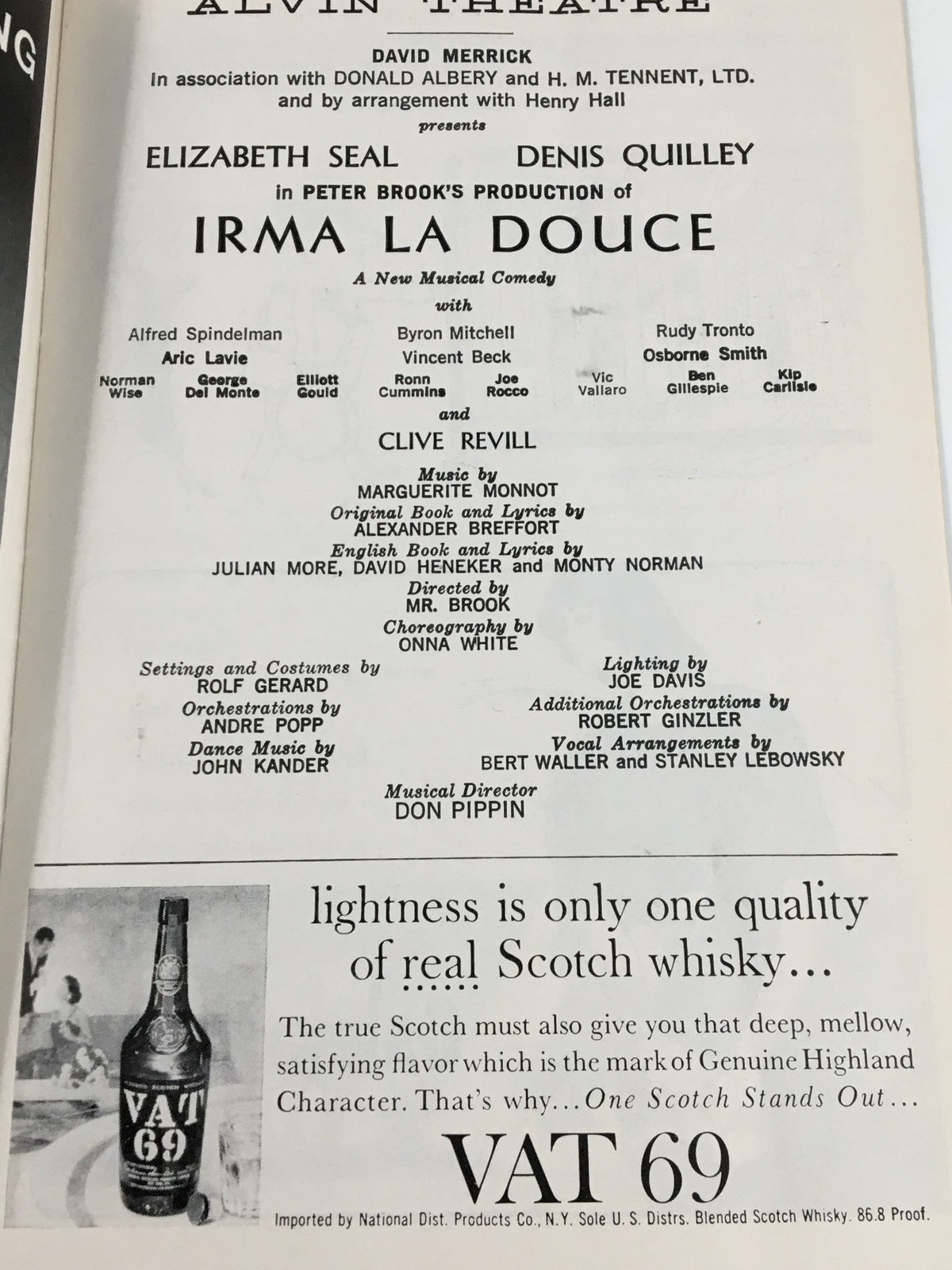 Page from the 1961 Playbill detailing the cast and crew for Irma La Douce at Alvin Theatre, highlighting Elizabeth Seal and Denis Quilley.