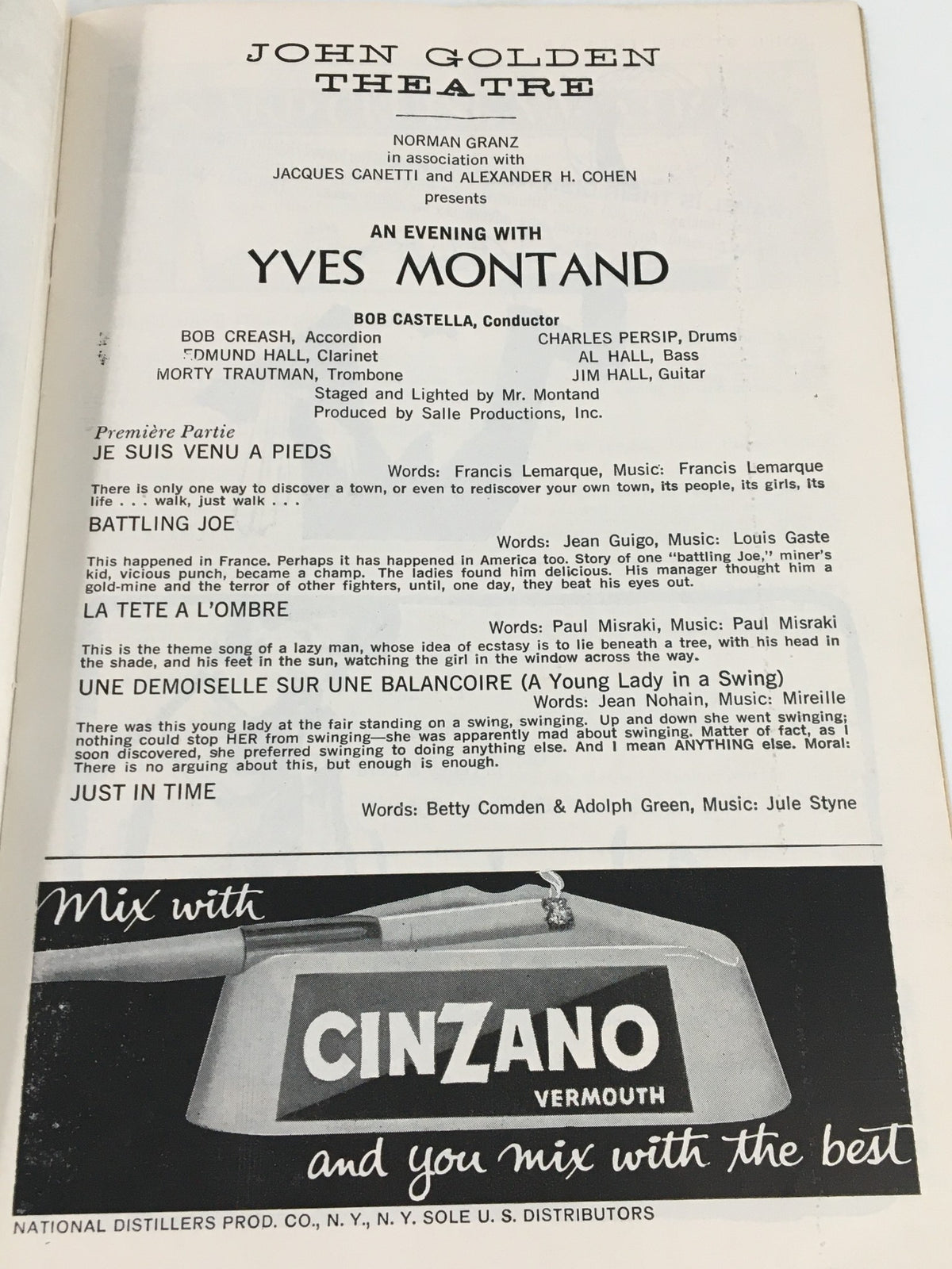 Interior page of a 1961 Playbill from John Golden Theatre showcasing the performance details of 'An Evening with Yves Montand'.
