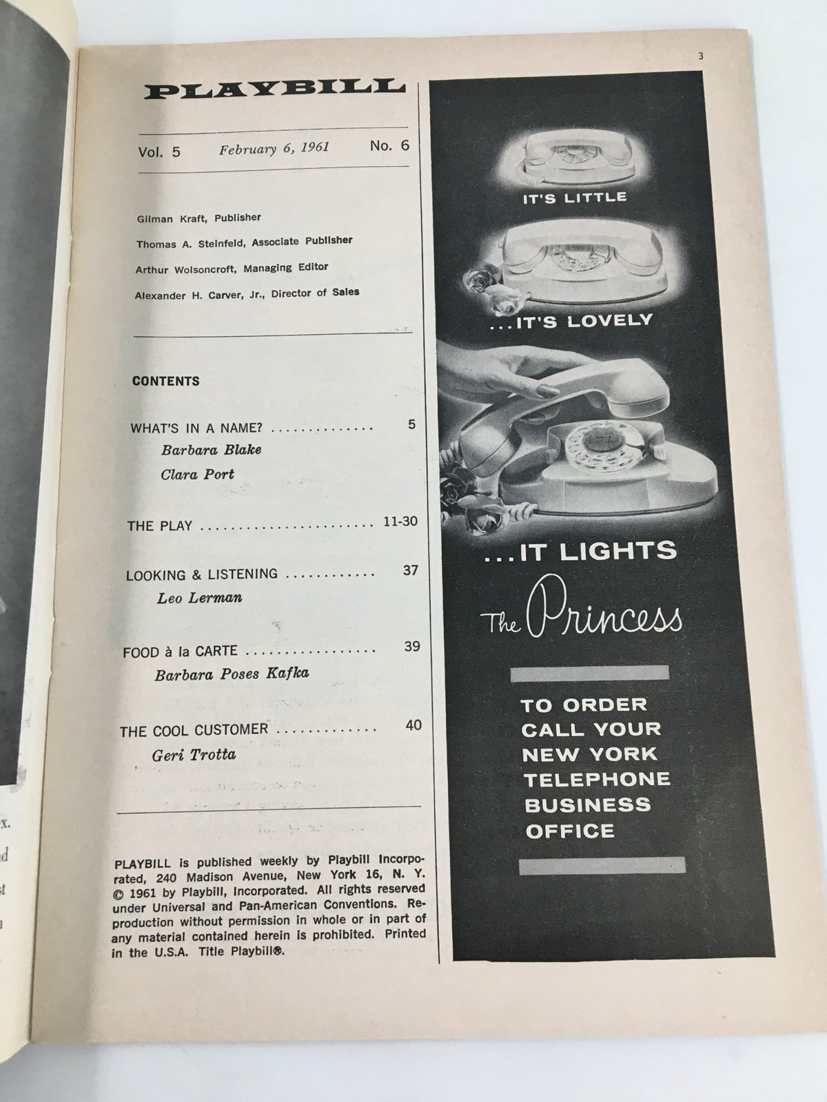Inside page of the 1961 Playbill from Hudson Theatre with contents list, showcasing the theatrical production details of 'Toys In The Attic'.