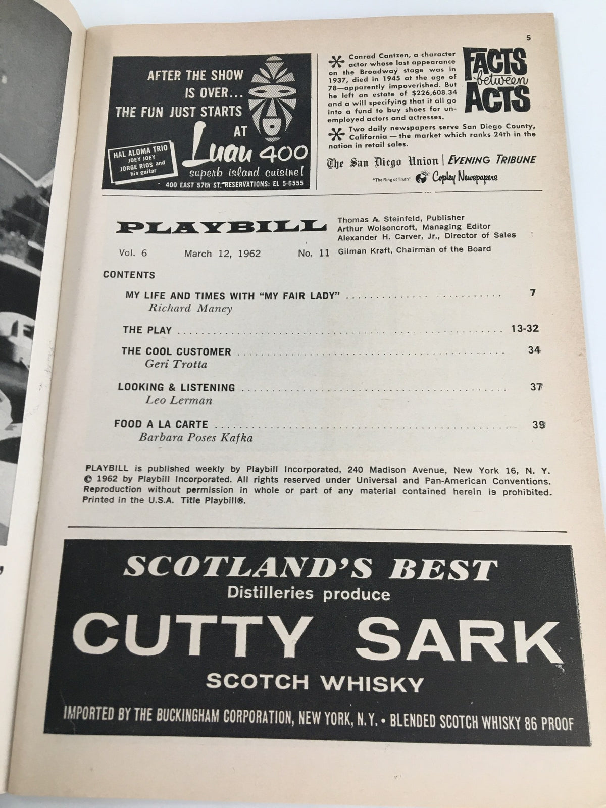 1962 Playbill New York City Center, interior page outlining cast and production details for 'My Fair Lady' and other performances.