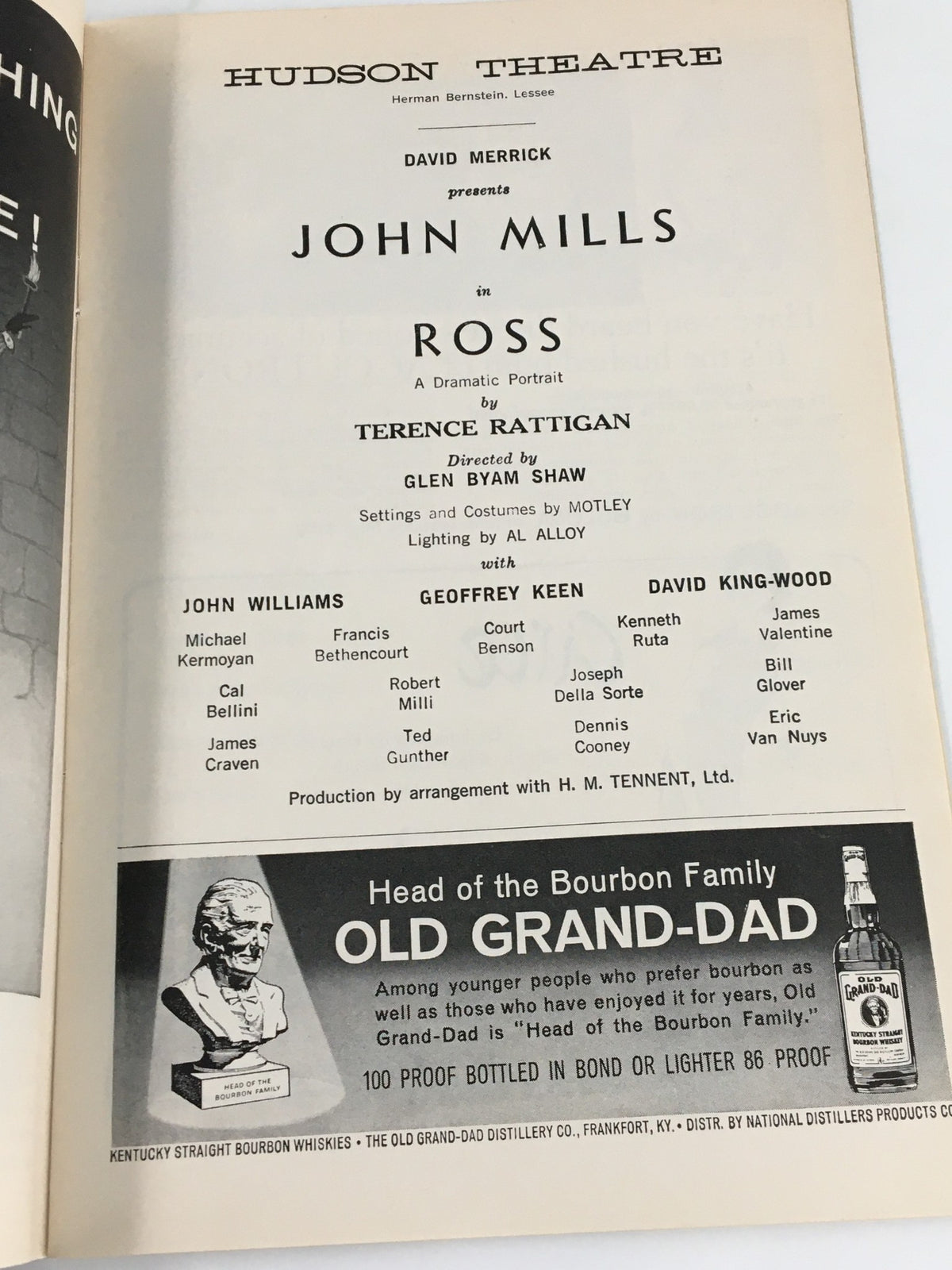 1962 Playbill Hudson Theatre presenting John Mills in 'Ross,' along with cast details including John Williams and Geoffrey Keen.