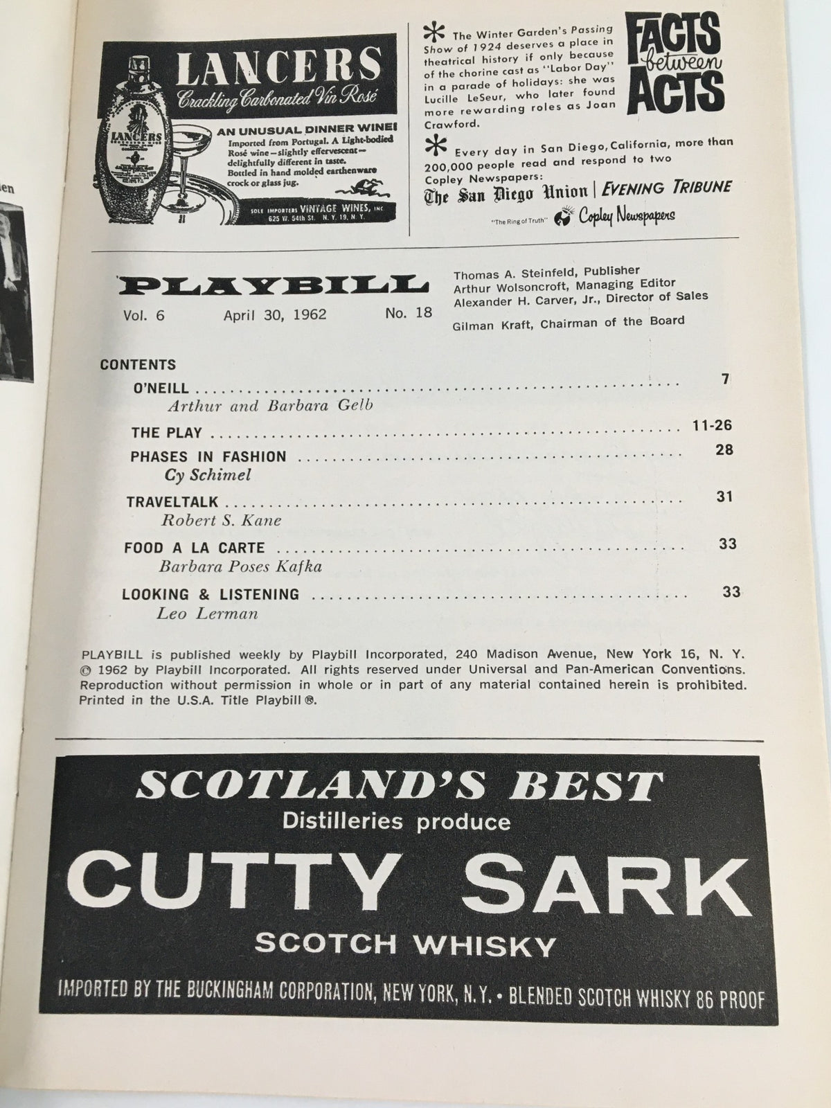 Interior page of the 1962 Playbill for 'Sunday in New York', featuring contents and advertisements, from the John Golden Theatre.