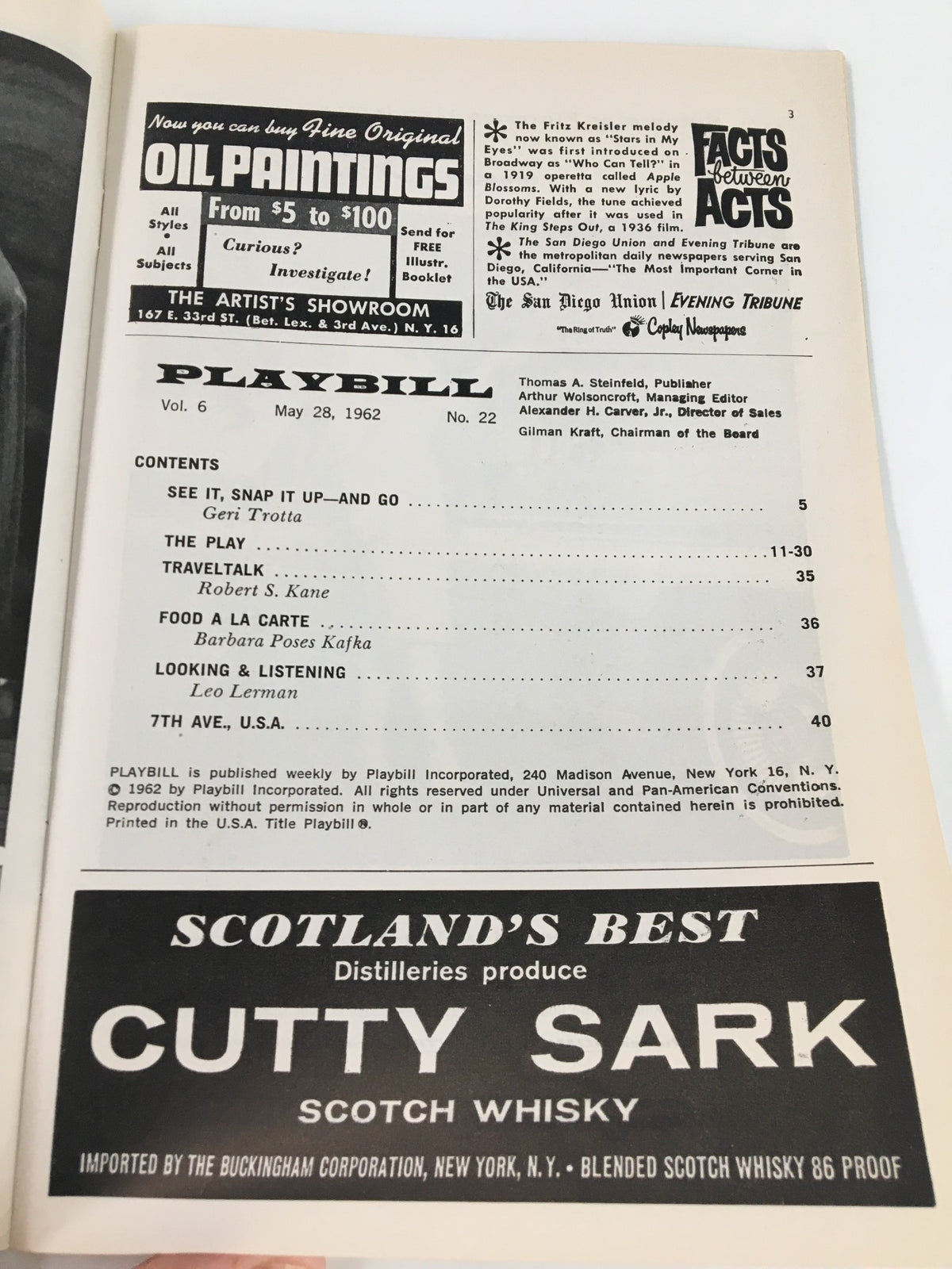 Interior page of the 1962 Playbill for The Booth Theatre, listing contents and advertisements, highlighting theatrical information from the renowned play 'A Shot in the Dark'.