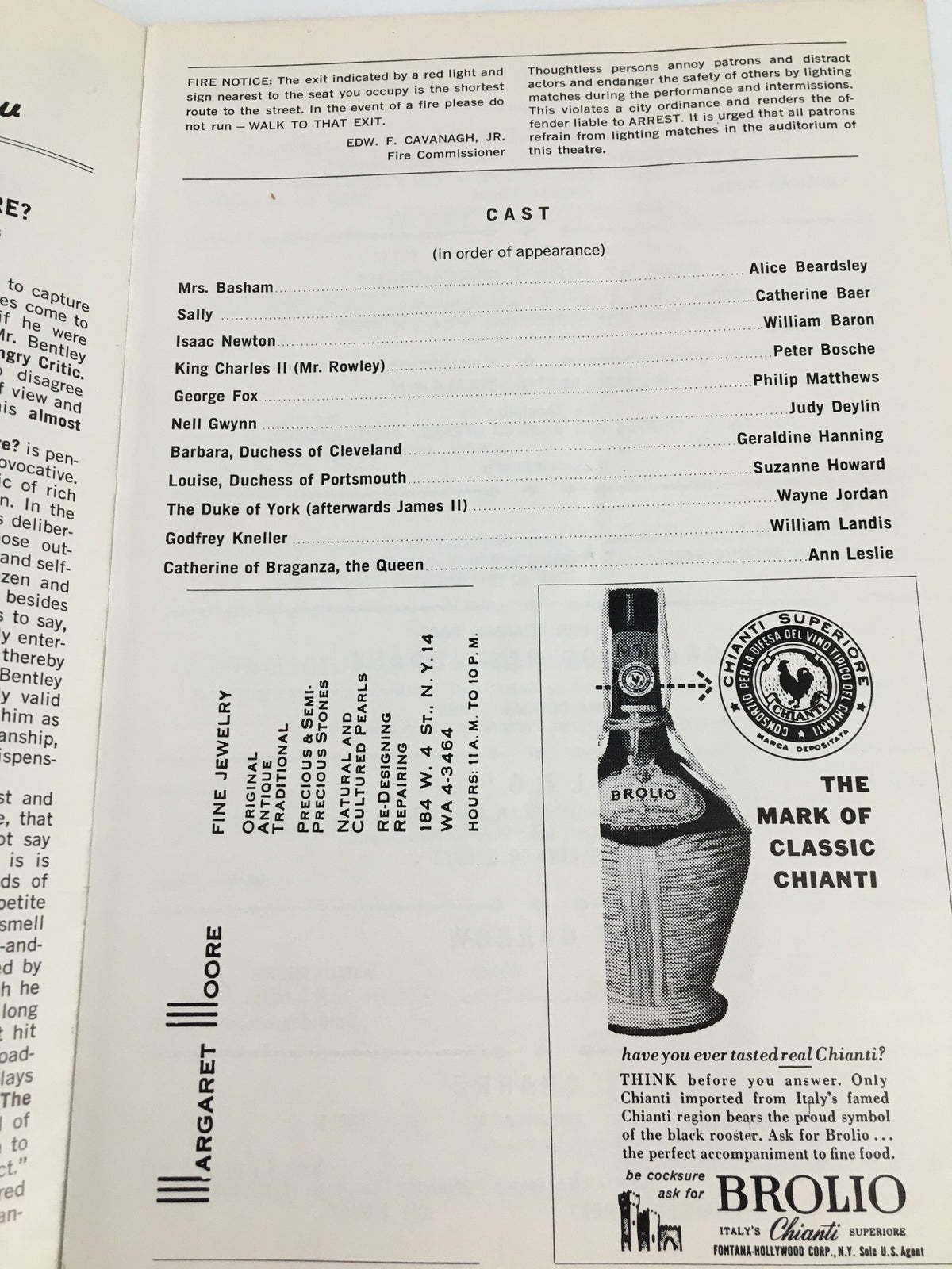 1939 Showbill for The Downtown Theatre featuring Good King Charles's Golden Days cast list including Mrs. Basham, Isaac Newton, and King Charles II. The showbill highlights the cast members and includes an advertisement for Brolio Chianti wine.