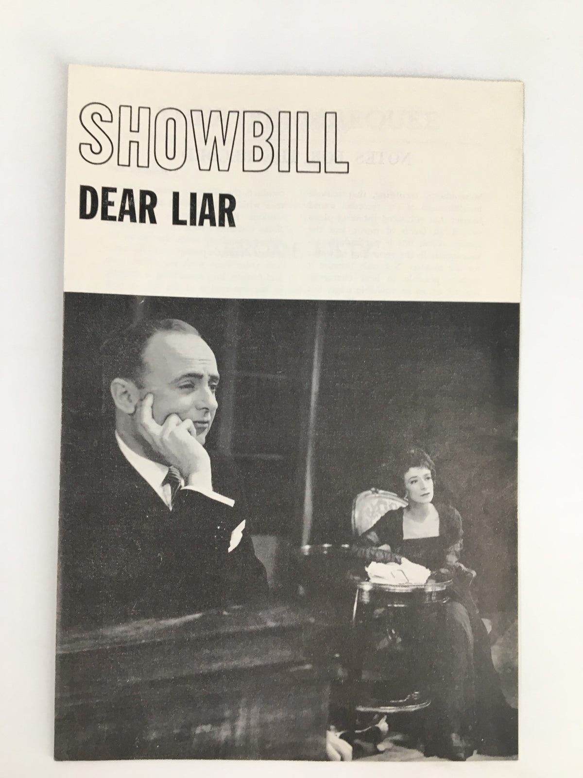 1960 Showbill for the theatre production 'Dear Liar' featuring Jerome Kilty and Cavada Humphrey, showcasing a black and white photograph of Kilty engaging in an expressive pose.