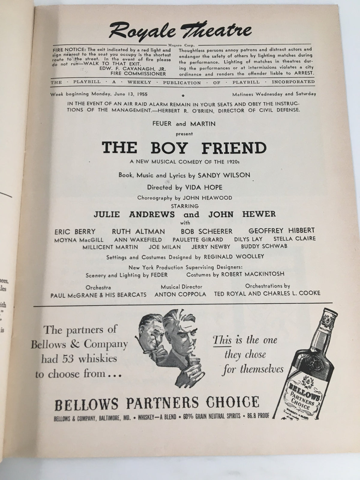 1955 Playbill from the Royale Theatre showcasing Julie Andrews and John Hewer in The Boy Friend, featuring vintage theatrical design and details of the roster cast and crew.