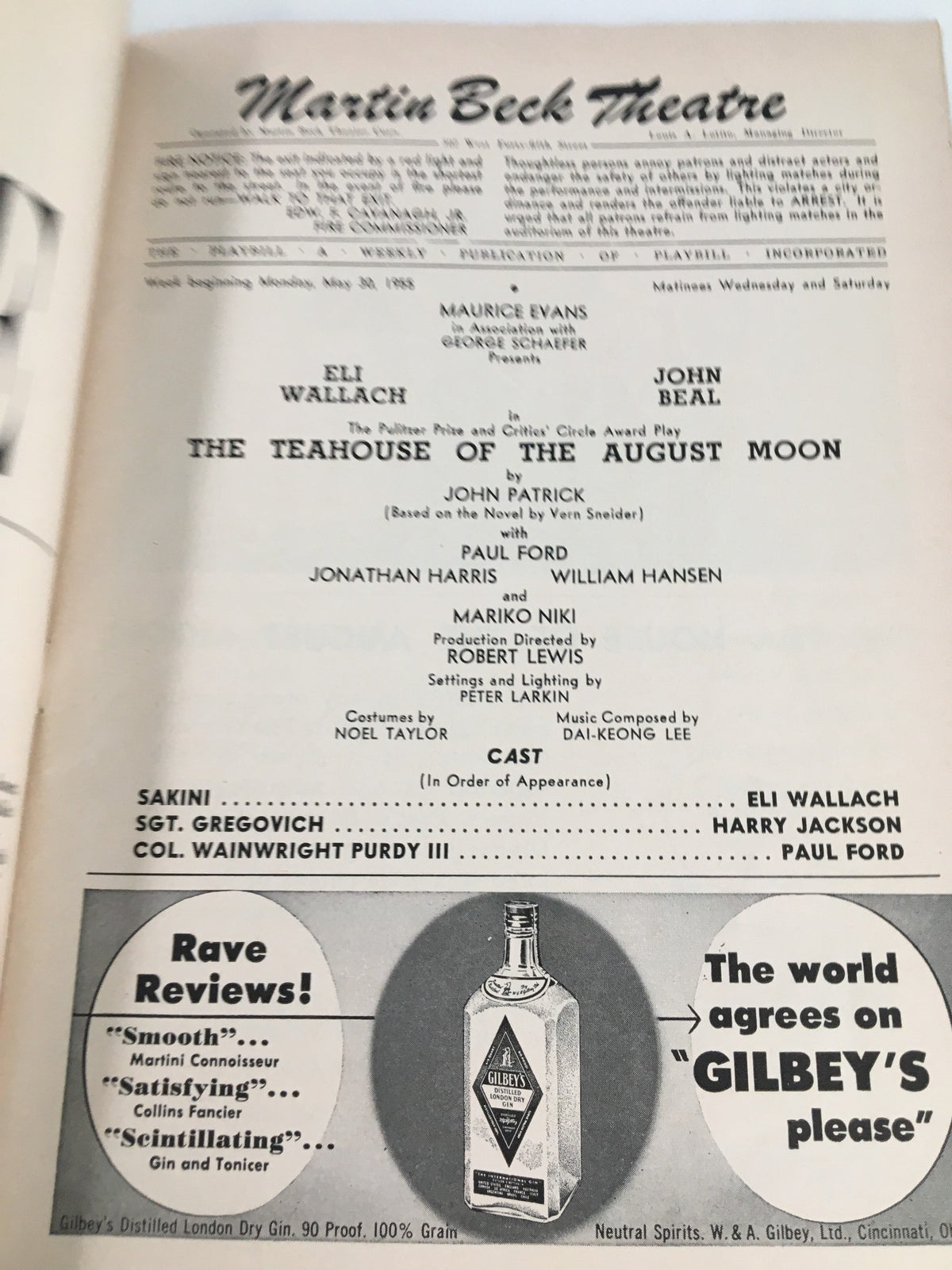 1955 Playbill featuring Eli Wallach at the Martin Beck Theatre for the production of The Teahouse of the August Moon, showcasing cast details and an advertisement for Gilbey's gin.