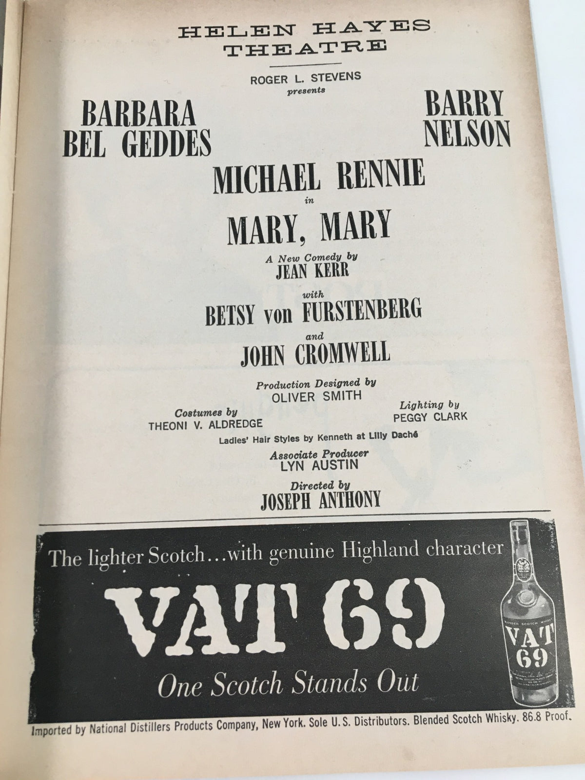 1961 Playbill for Mary, Mary at Helen Hayes Theatre featuring Barbara Bel Geddes and Barry Nelson, showcasing cast details and production credits.