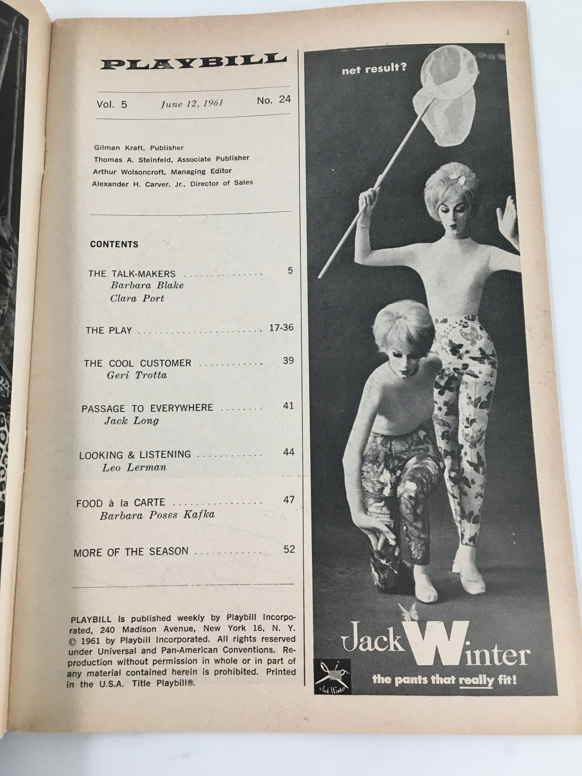 Interior page of the 1961 Playbill from 46th Street Theatre with details on the play Donnybrook! and various features including advertisements and articles.