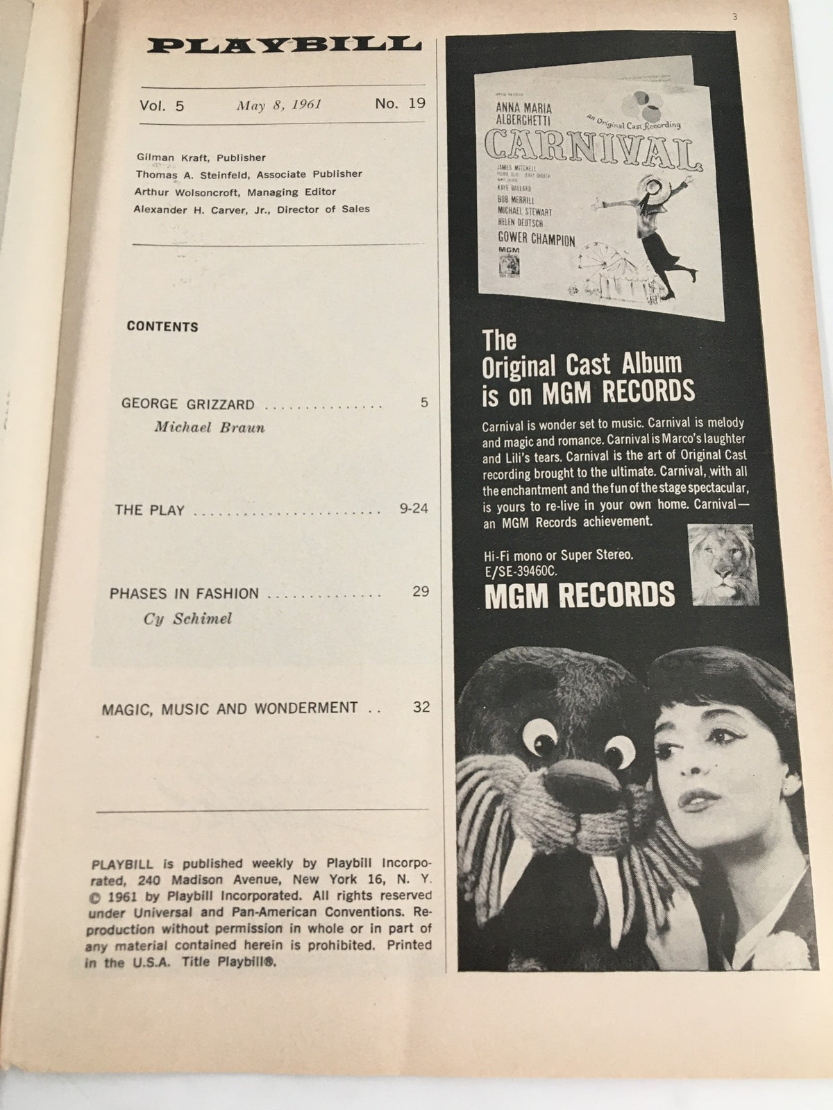 Interior page of the 1961 Playbill from Morosco Theatre, featuring contents and advertisements related to the show The Best Man and other productions, highlighting theater history.