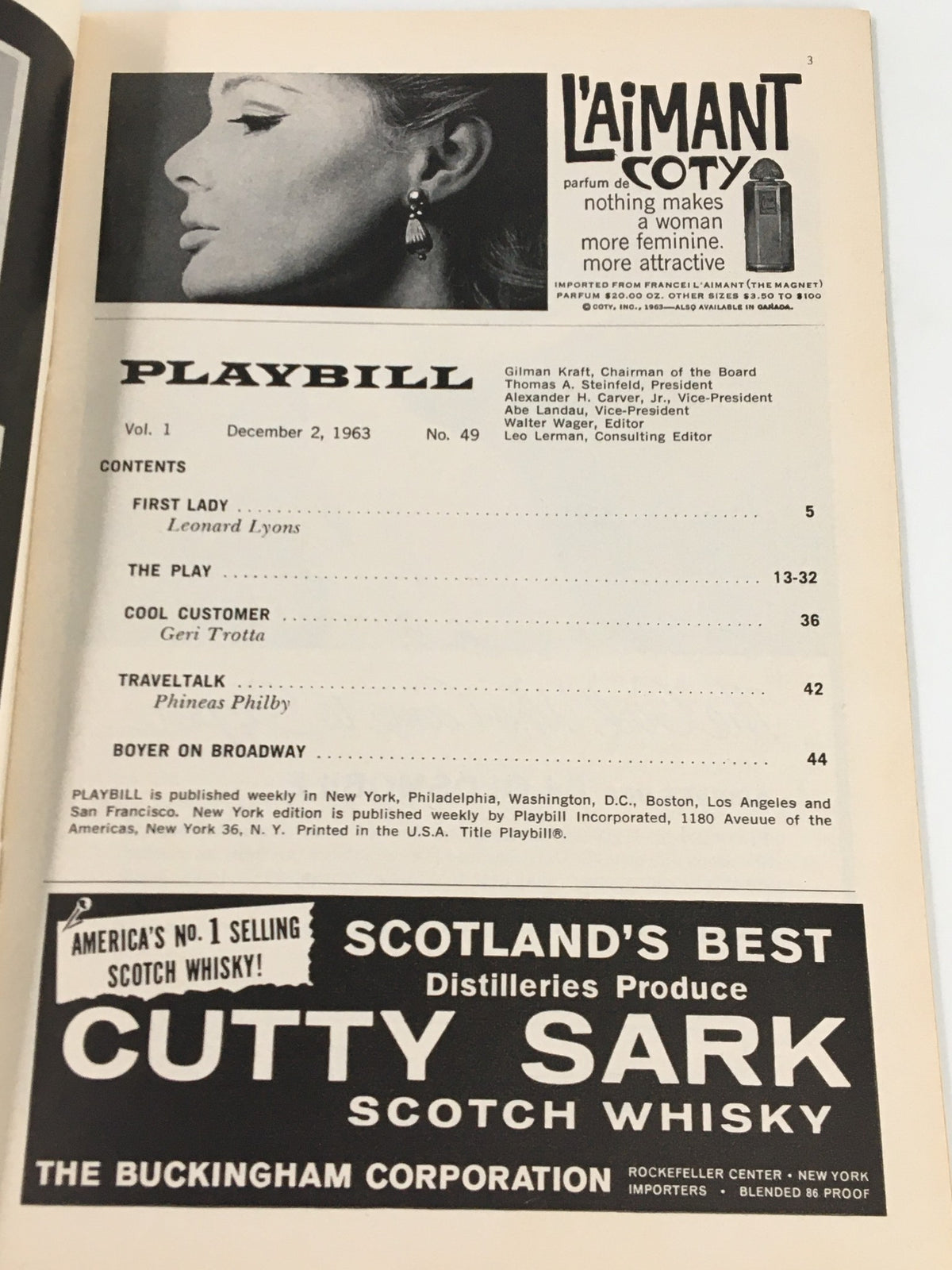Inside of the 1963 Playbill from St. James Theatre, displaying articles and advertisements including contents about the play Luther.