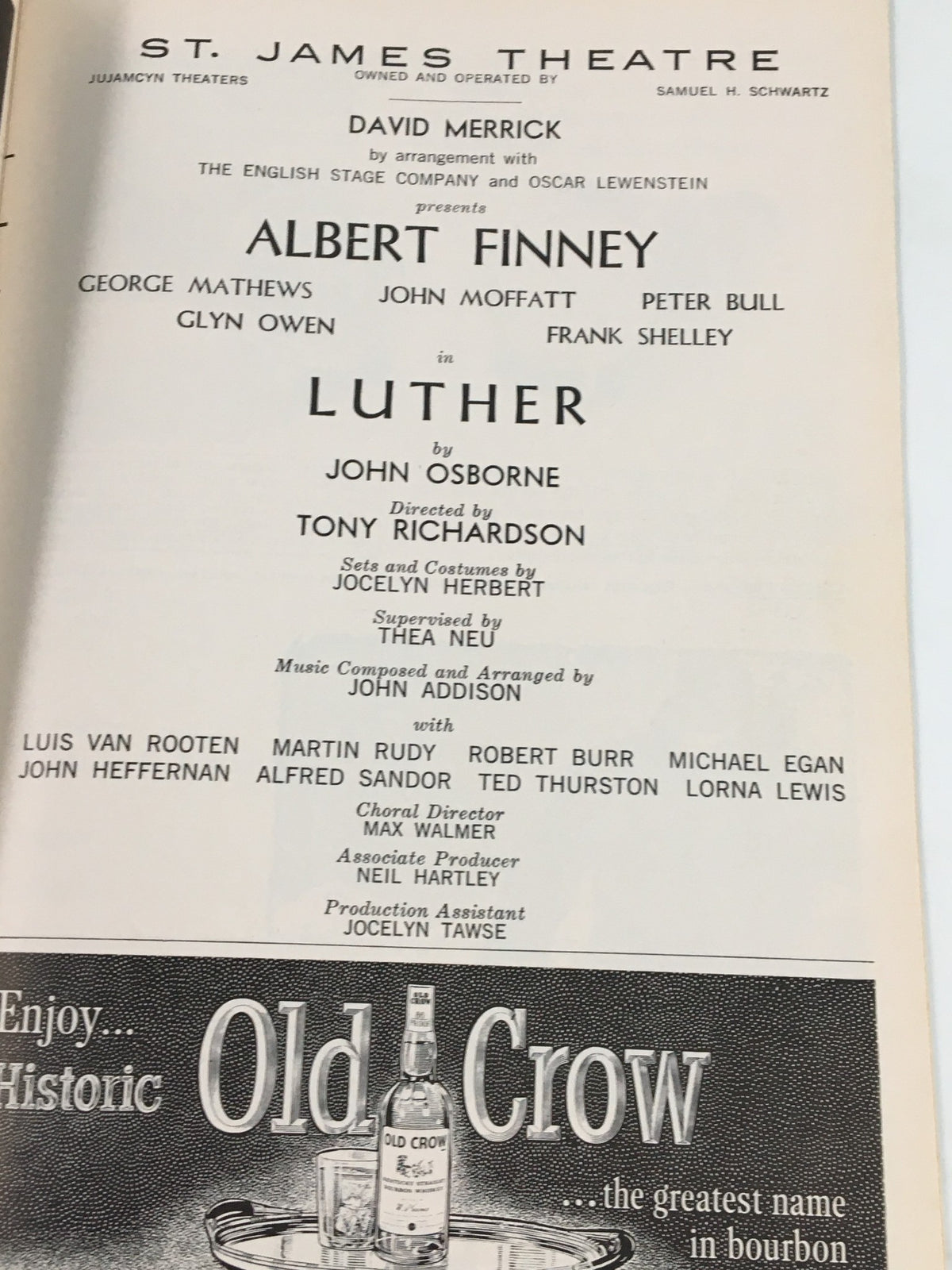 Page from the 1963 Playbill of St. James Theatre showing cast and crew details for the play Luther, featuring Albert Finney and George Matthews.