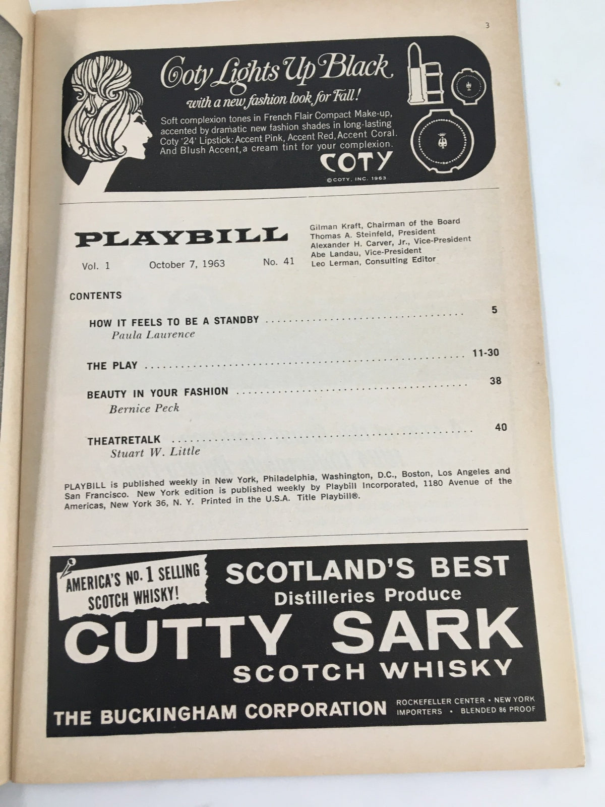 Inside page of 1963 Playbill for A Case of Libel, with contents and advertisement for Coty cosmetics.