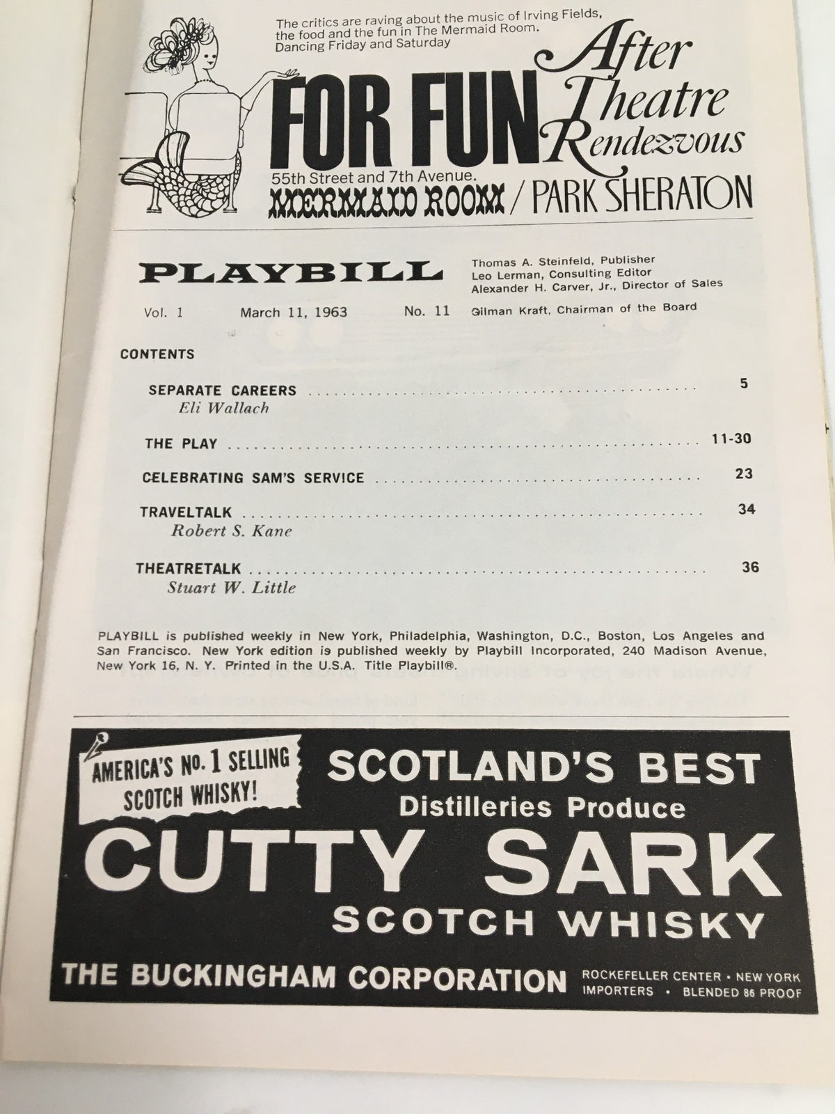 Inside page of the 1963 Playbill for Lillian Gish in Too Good To Be True, detailing the after theatre rendezvous and other programs, showcasing the vintage layout and text.