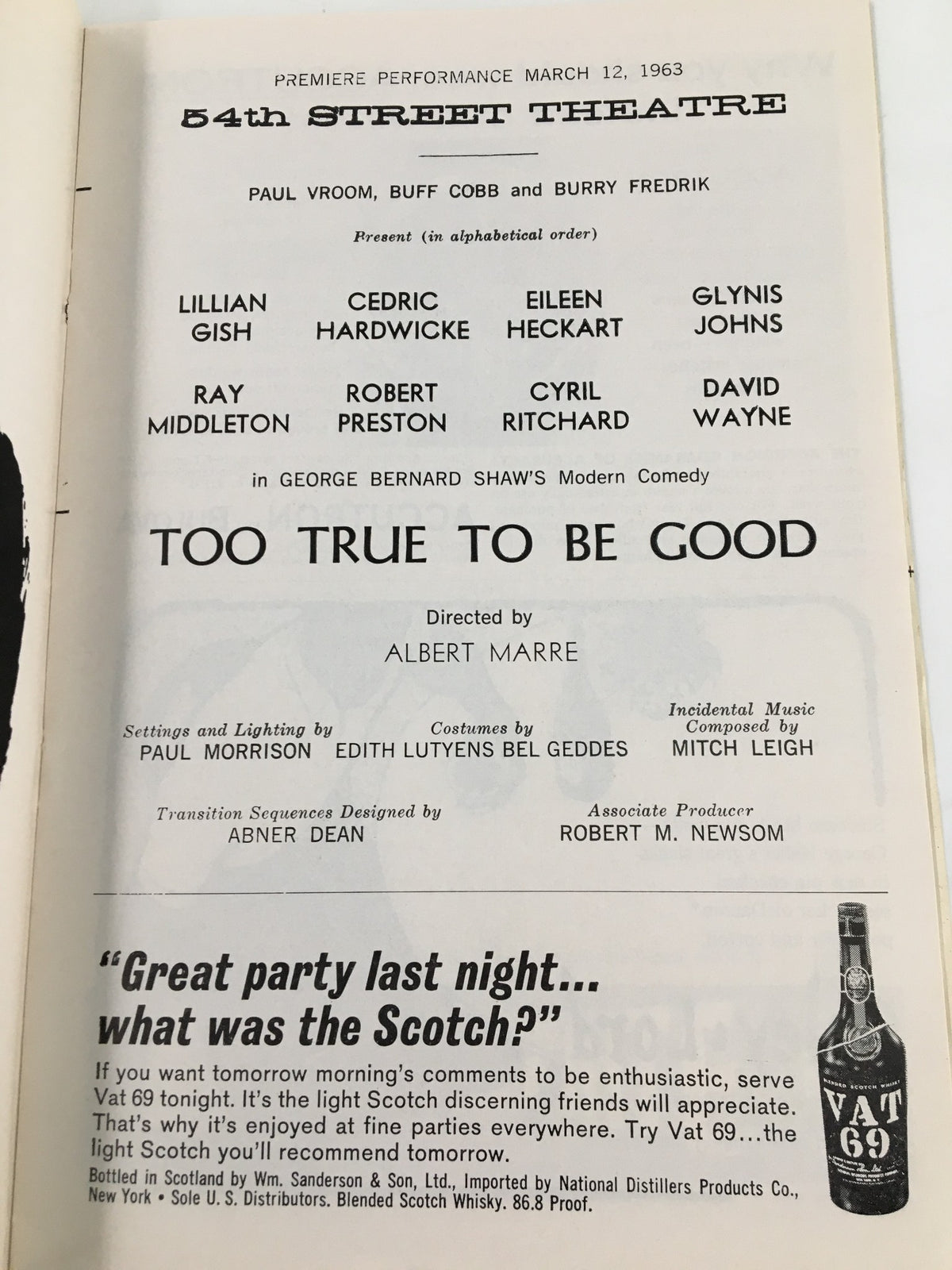 Another interior page of the 1963 Playbill for Lillian Gish in Too Good To Be True, listing the cast and production details for the play performed at the 54th Street Theatre.