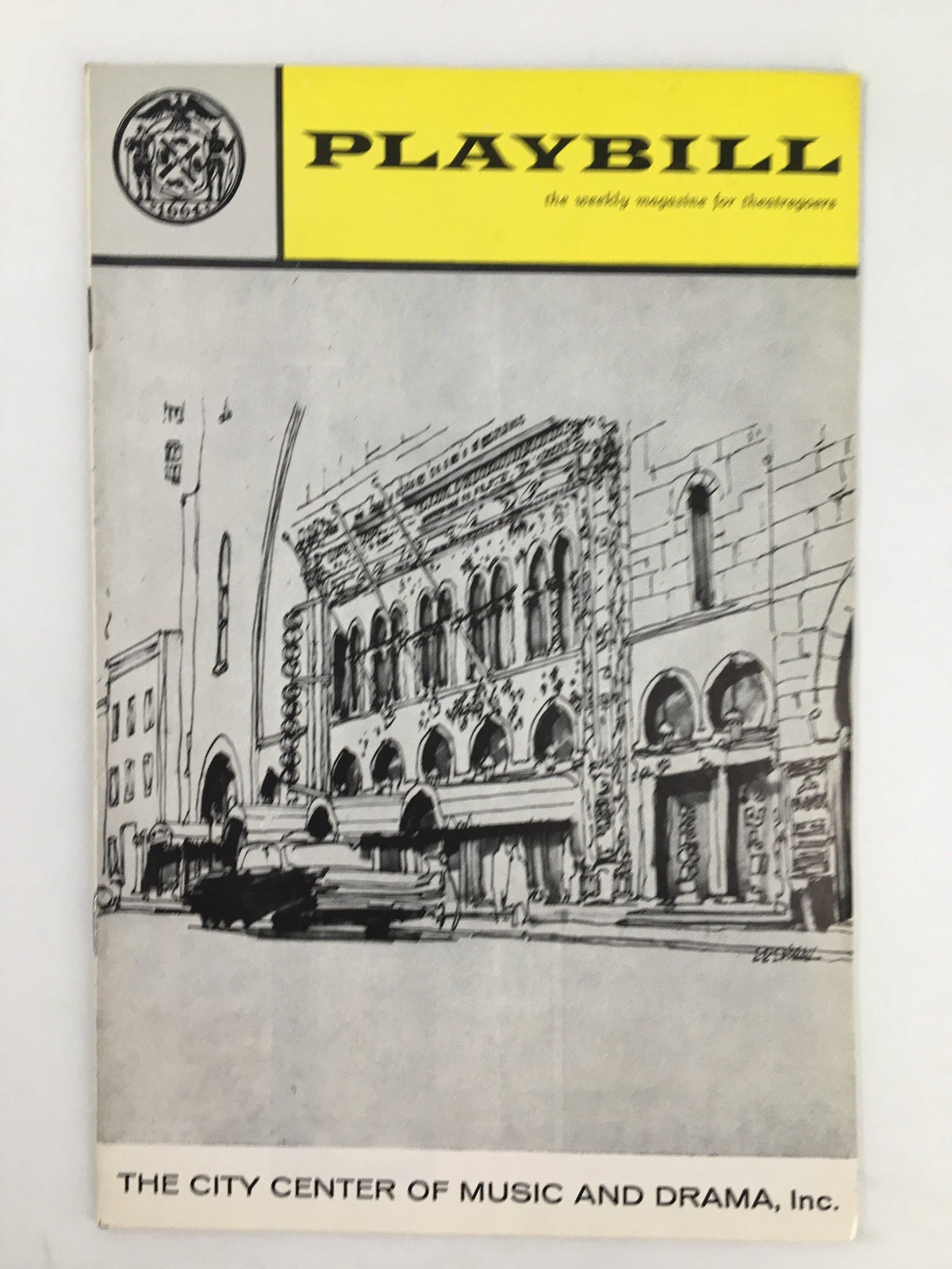 1963 Playbill New York City Center featuring a sketch of the theater facade, showcasing Bob Fosse and Jack Durant in Pal Joey, a piece of classic Broadway history.