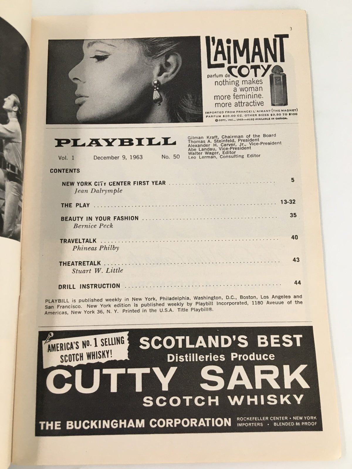 Inside page of the 1963 Playbill New York City Ballet, displaying contents and advertisements, including the Cutty Sark Scotch Whisky ad.