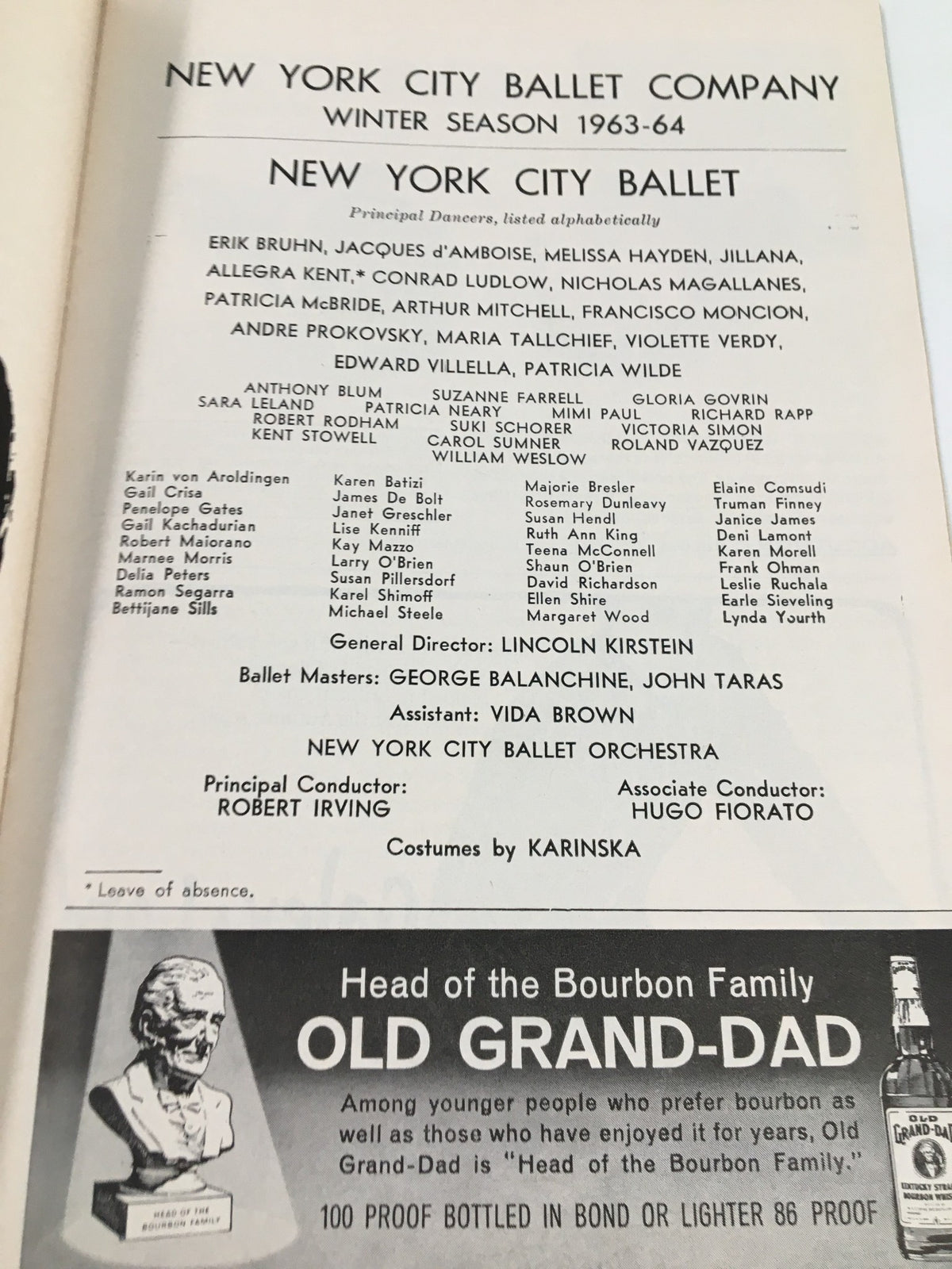 Detailed program page from the 1963 Playbill New York City Ballet, listing dancers and production details for the Winter season performance.