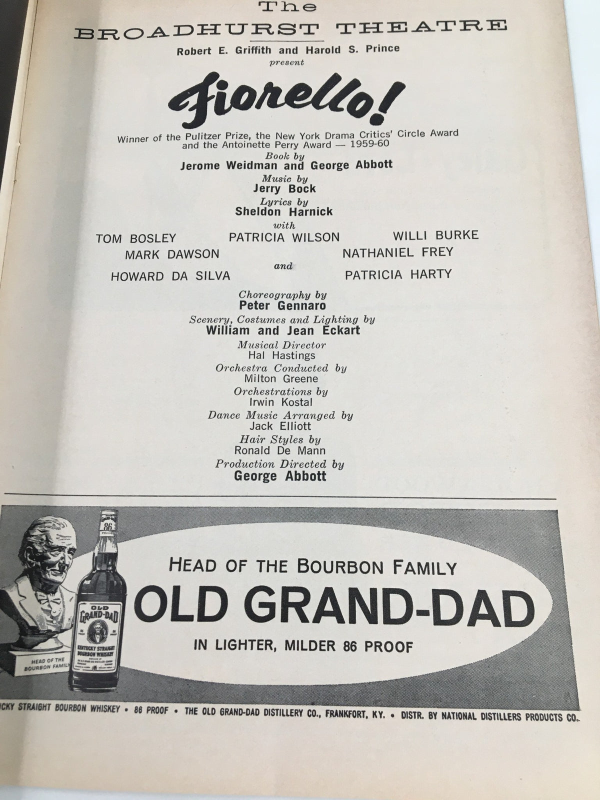 1961 Playbill for the musical Fiorello! at the Broadhurst Theatre, showcasing cast details including Tom Bosley and Patrick Wilson.