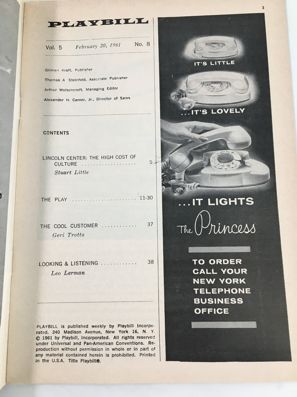 Inside page of the 1961 Playbill highlighting contents including articles and features from the February 20, 1961 issue.