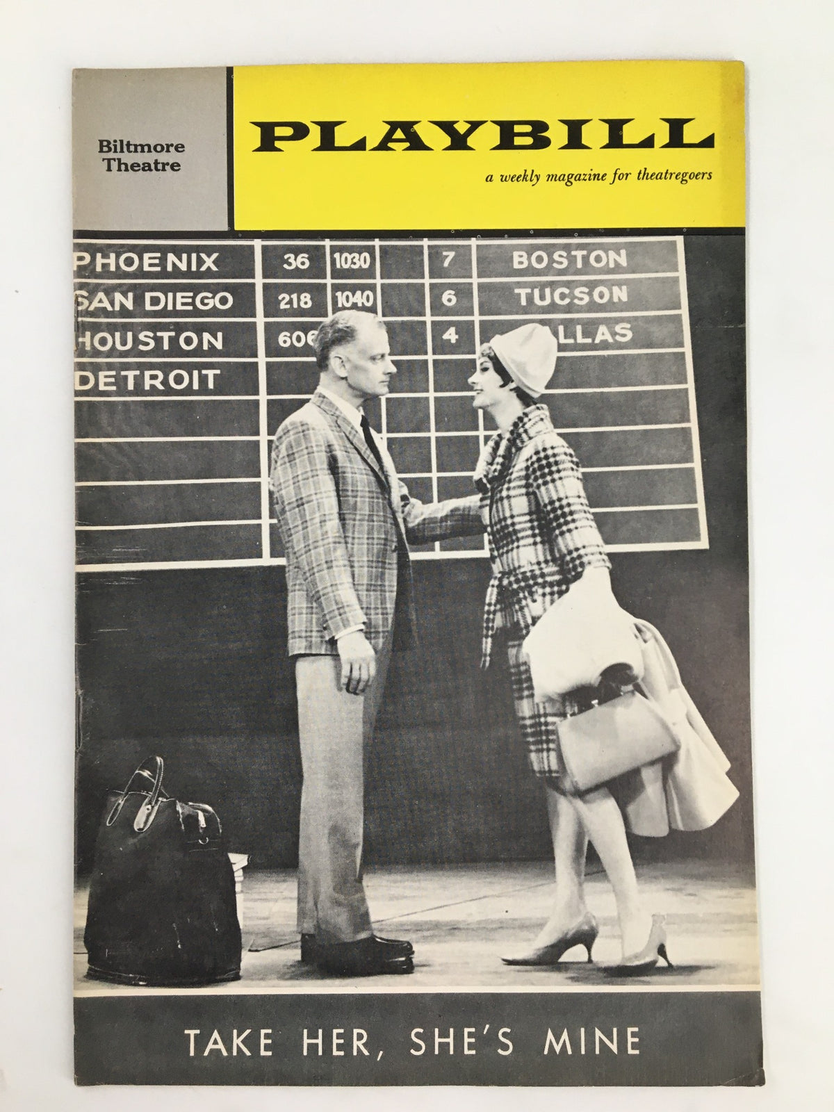 1962 Playbill for the production 'Take Her, She's Mine' featuring a scene with two characters on stage at the Biltmore Theatre.