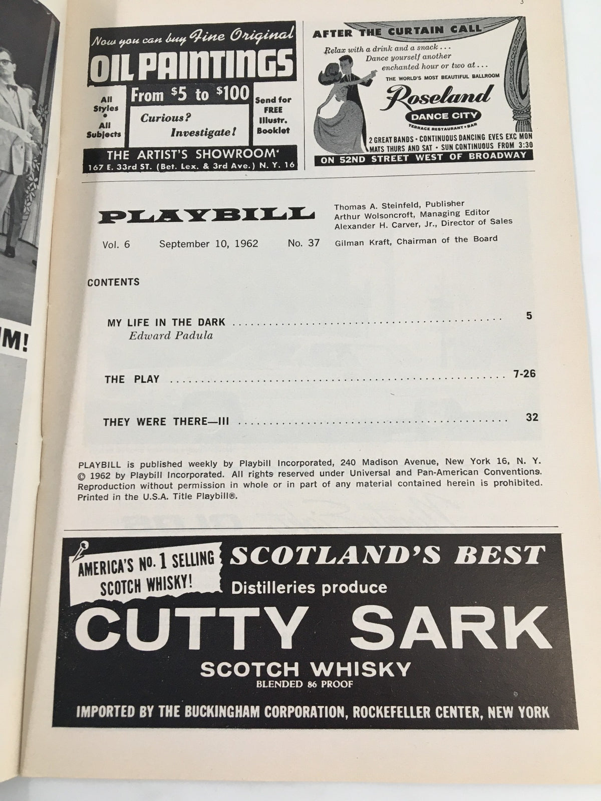 Inside page of the 1962 Playbill showcasing advertisements and articles, including details about the show 'Take Her, She's Mine,' staged at the Biltmore Theatre.