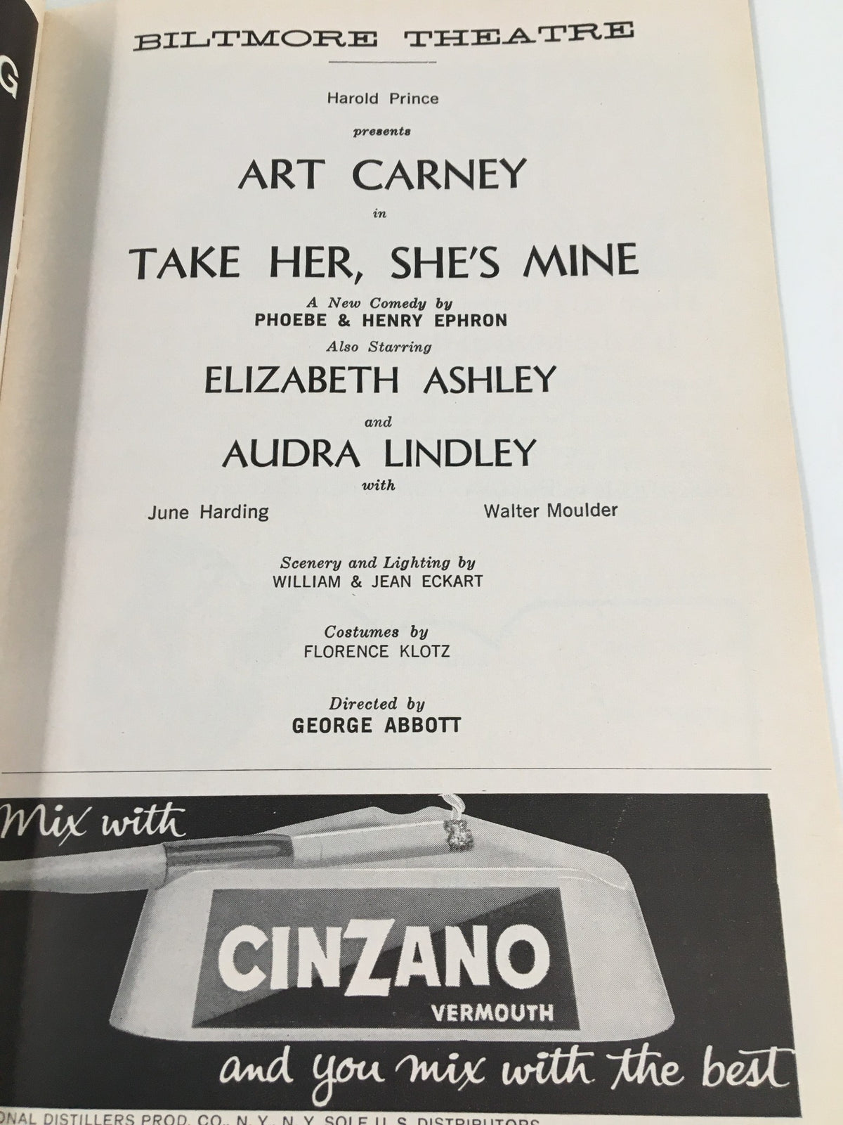 Credit page of the 1962 Playbill highlighting Art Carney and the cast of 'Take Her, She's Mine' from the Biltmore Theatre production.