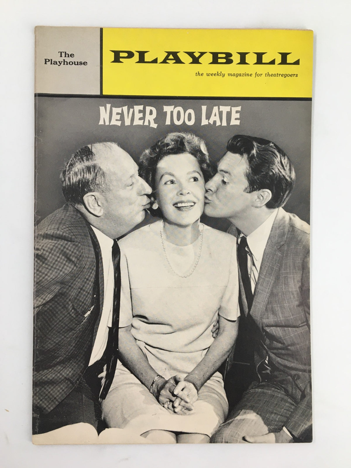 1963 Playbill for Never Too Late featuring Paul Ford, Maureen O'Sullivan, and Orson Bean at The Playhouse, showcasing actors in a nostalgic black and white image.