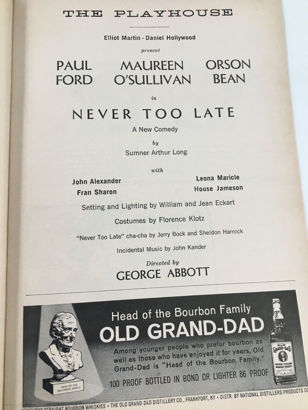 Cast page of the 1963 Playbill for Never Too Late, featuring names like Paul Ford and Maureen O'Sullivan, detailing production credits and contributors.