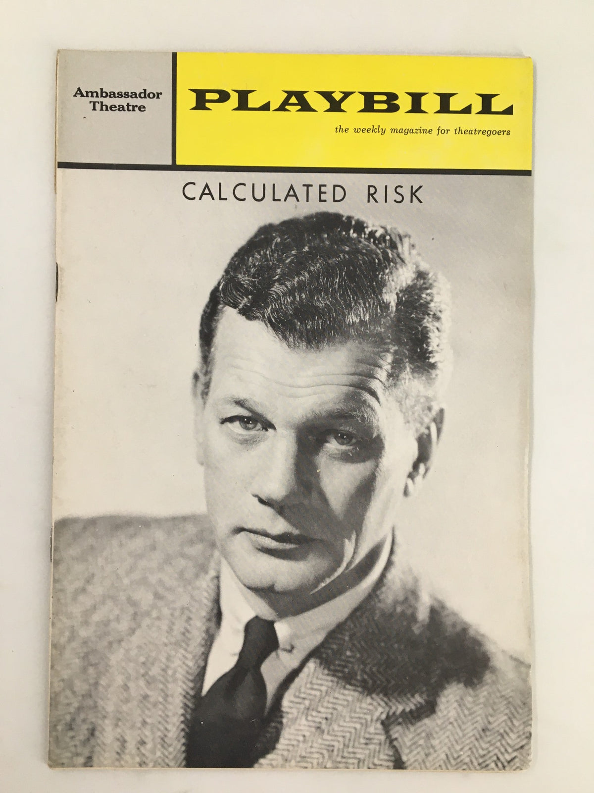 1963 Playbill for 'Calculated Risk' featuring Joseph Cotten on the cover, showcasing vintage theatrical design from the Ambassador Theatre.