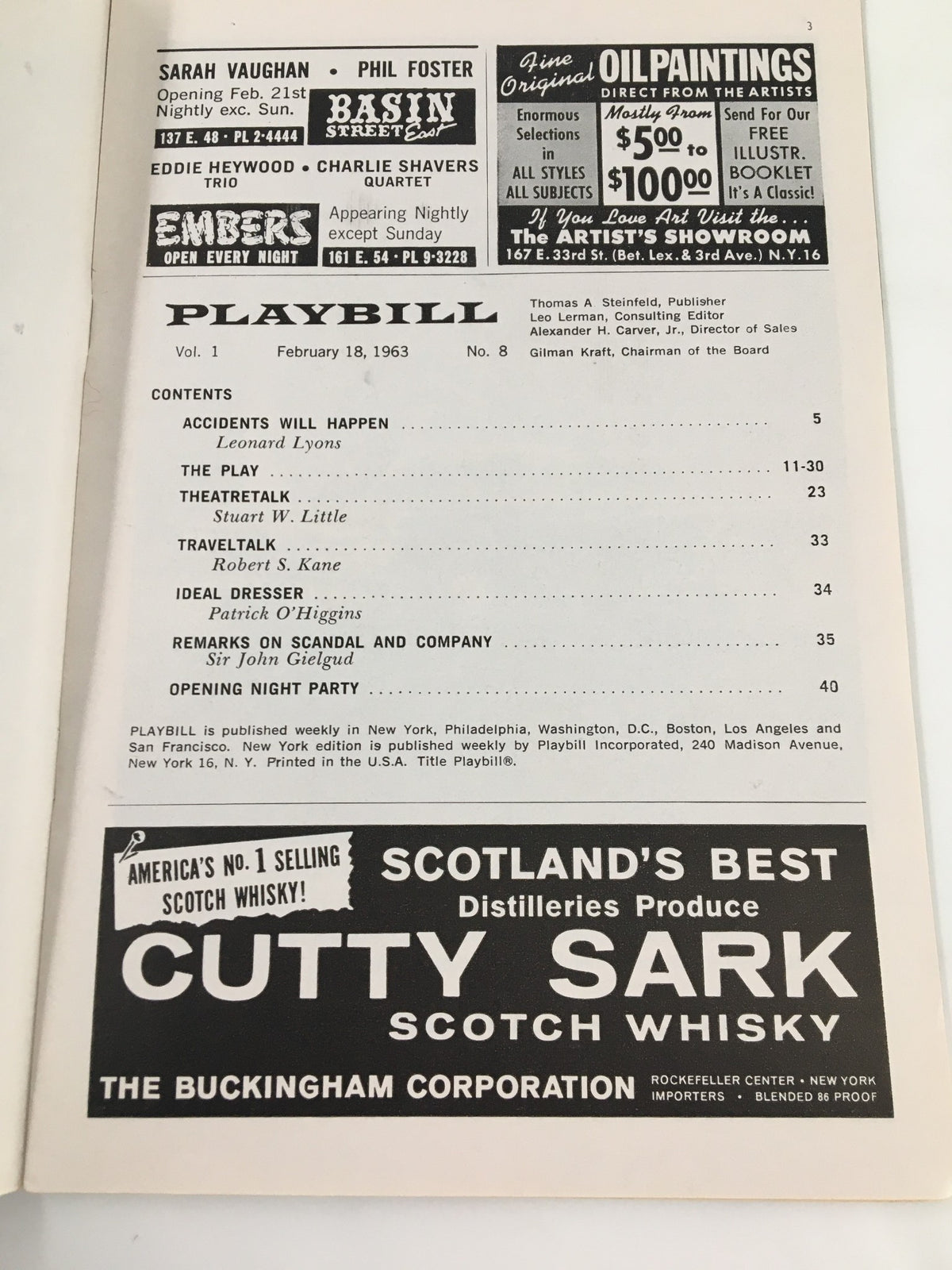 Interior page of the 1963 Playbill for 'Calculated Risk,' detailing the cast and production notes, vintage format typical of theater programs from that era.
