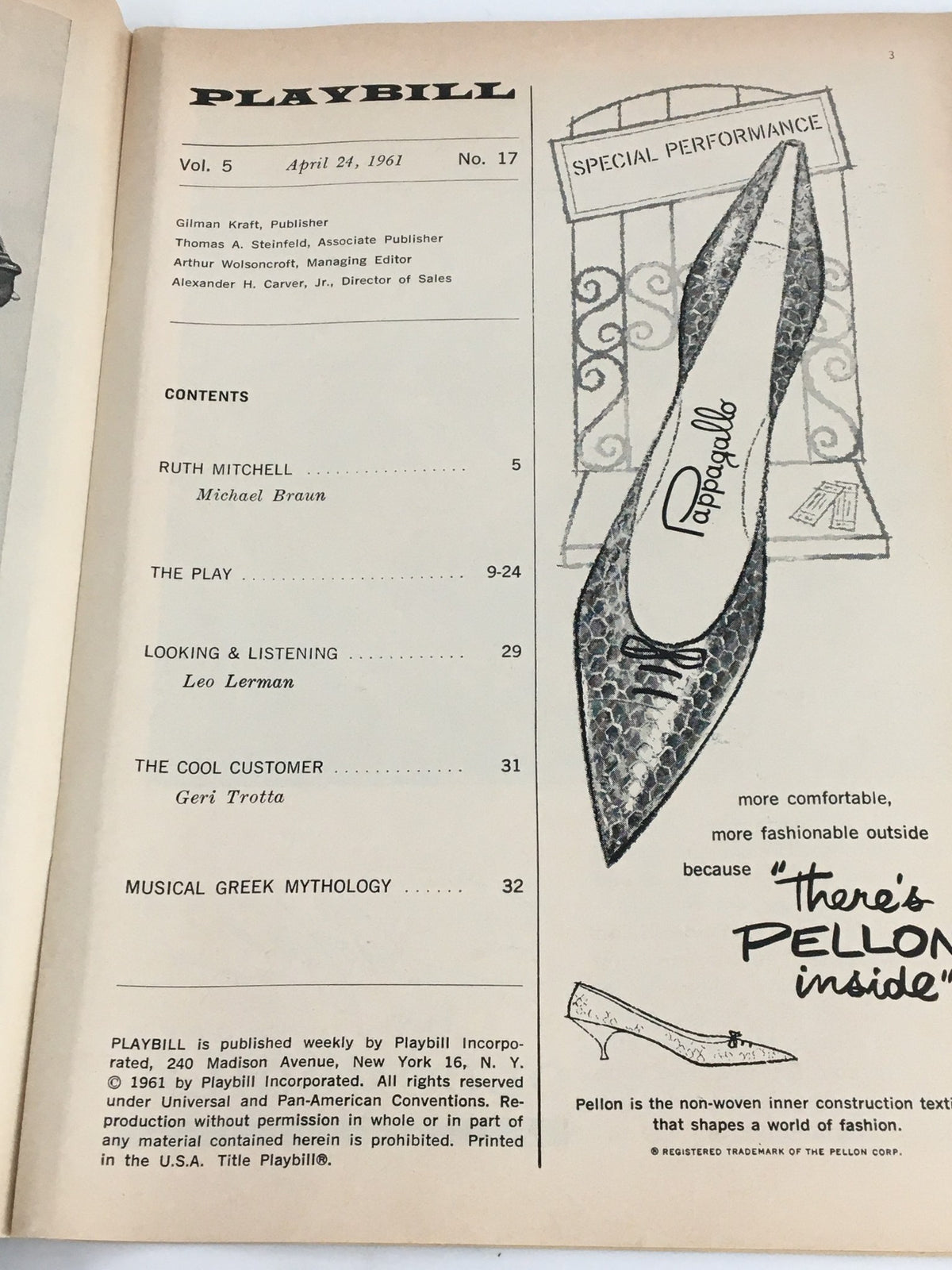 Inside page of the 1961 Playbill for 'Do Re Mi' at St. James Theatre, displaying articles and features about the performance.