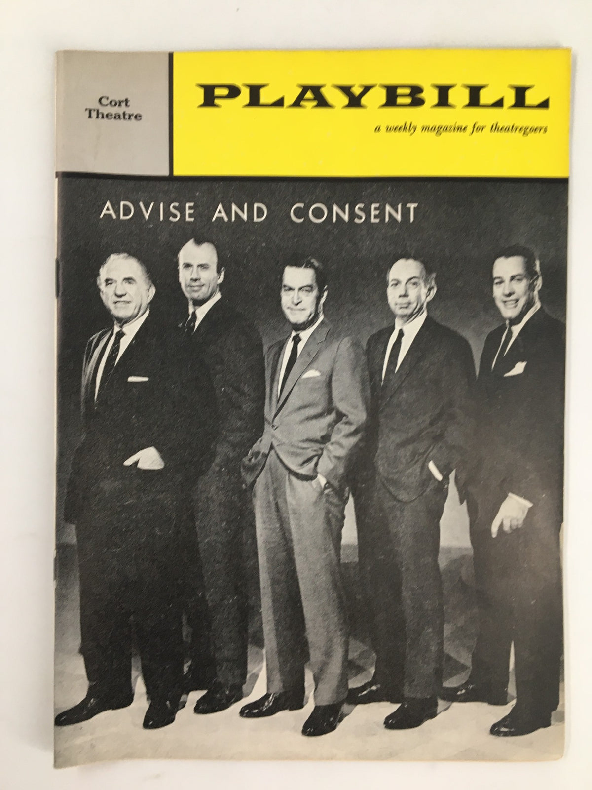 1961 Playbill for Advise and Consent at Cort Theatre featuring actors Ed Begley, Chester Henry, Morris Jones, Kevin McCarthy, and Judson Laire in a black and white group photo.