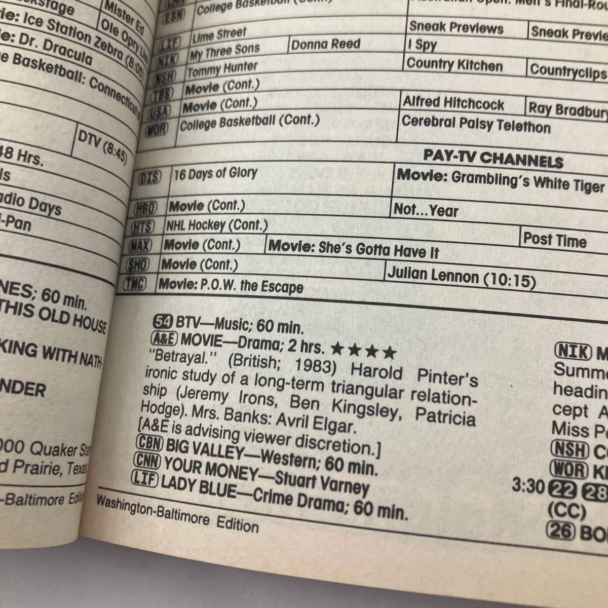 Interior view of TV Guide Magazine from January 23, 1988, highlighting TV's Role in Campaign WA-Baltimore, showcasing listings of popular shows and movies, including 'Betrayal' and 'She's Gotta Have It'.